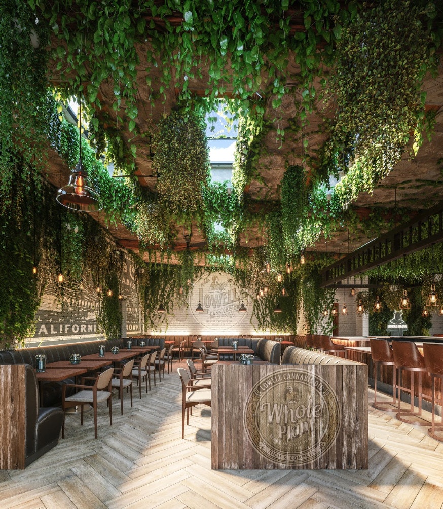 A digital rendering of the interior of Lowell Cafe, with dark grey walls and greenery hanging from the ceiling