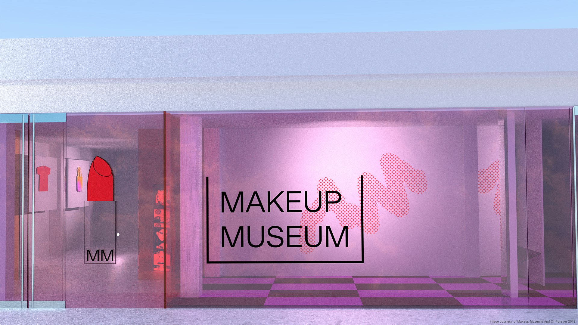 A rendering of the Makeup Museum façade, with its logo front and center