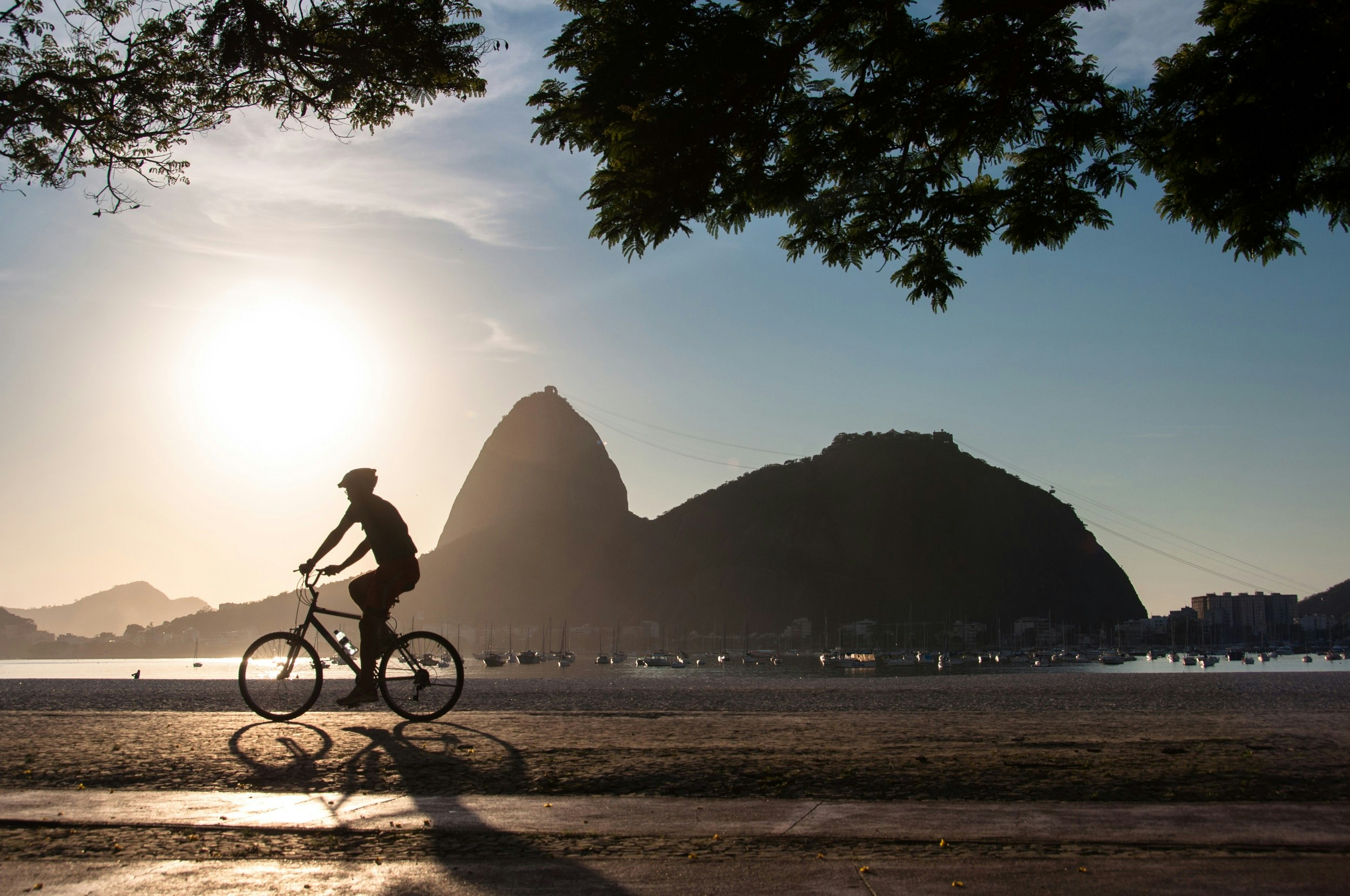 Silhouette of a Man Cycling in the Early Morning during Beautiful Warm Sunrise in Rio de Janeiro with Sugarloaf Mountain in the Horizon.