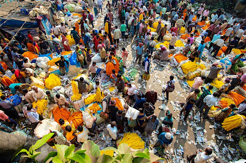 Mullik Ghat Flower Market as seen from above. Bags of different colourful flowers are strewn across the streets while crowds of customers peruse the goods. 