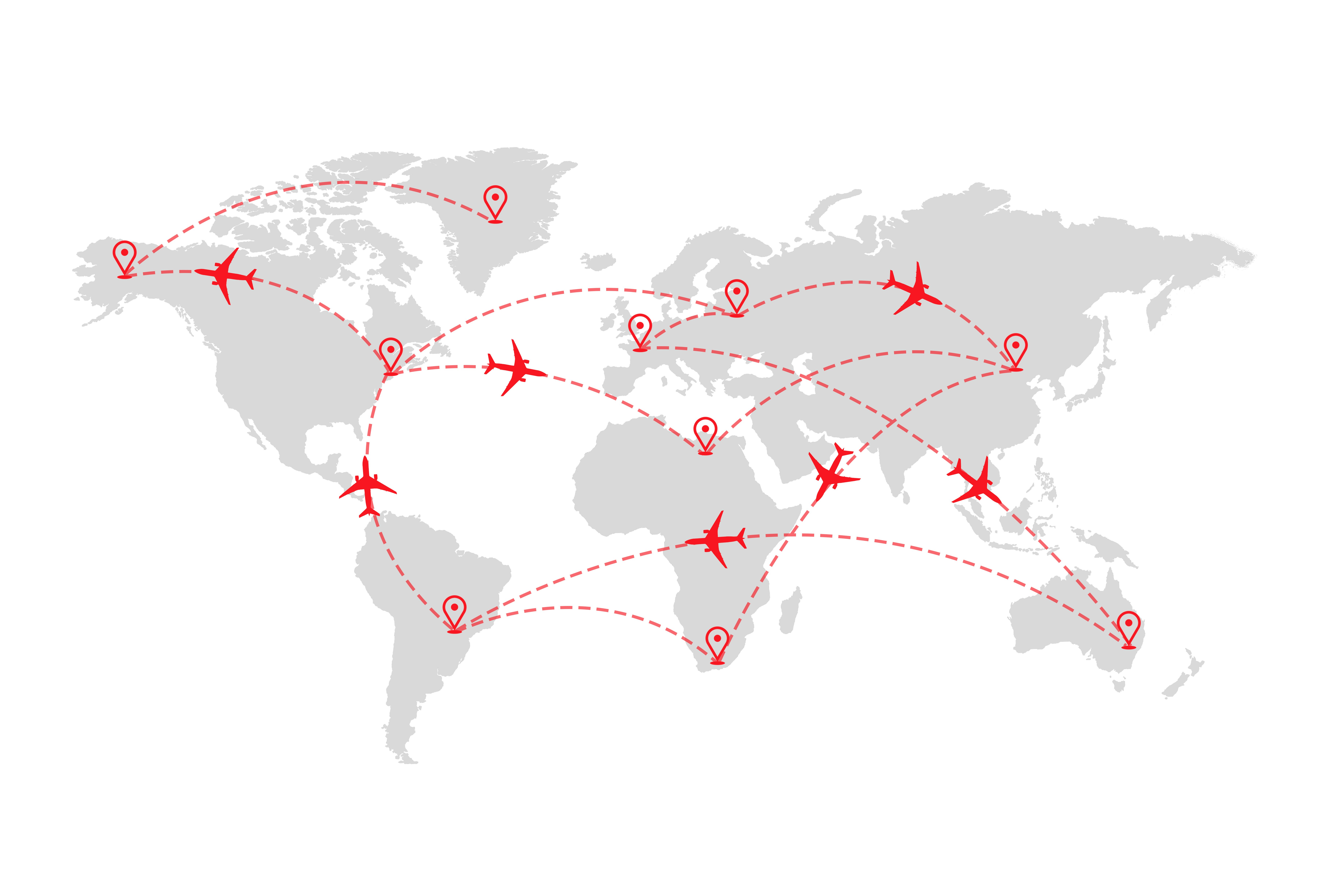 Airline path dotted on a world map in red