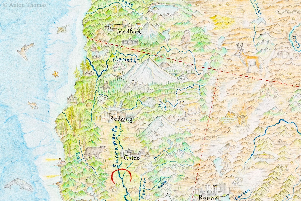 A detail of the map around California, where one can see a tiny sasquatch