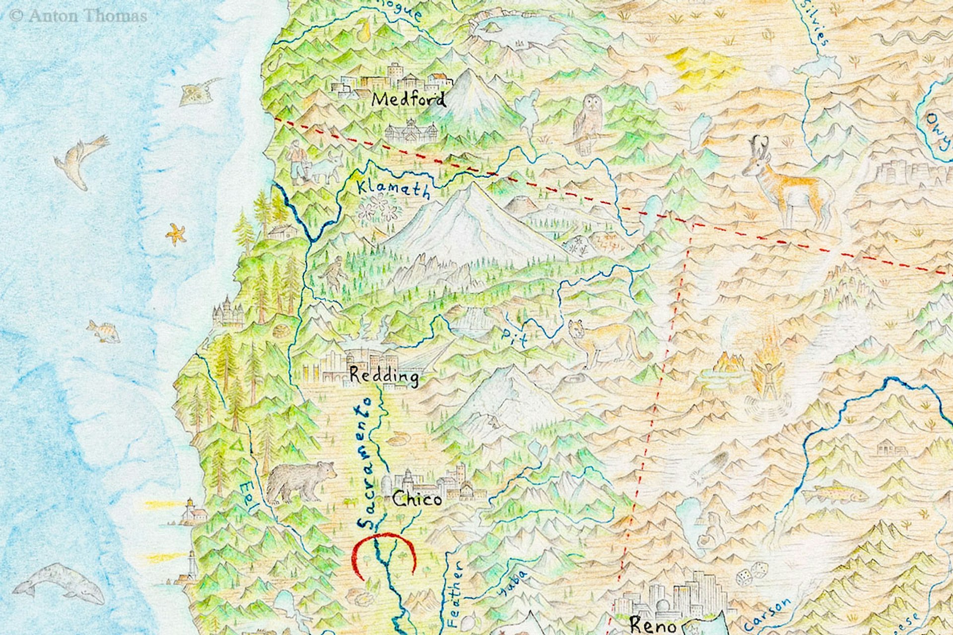 A detail of the map around California, where one can see a tiny sasquatch