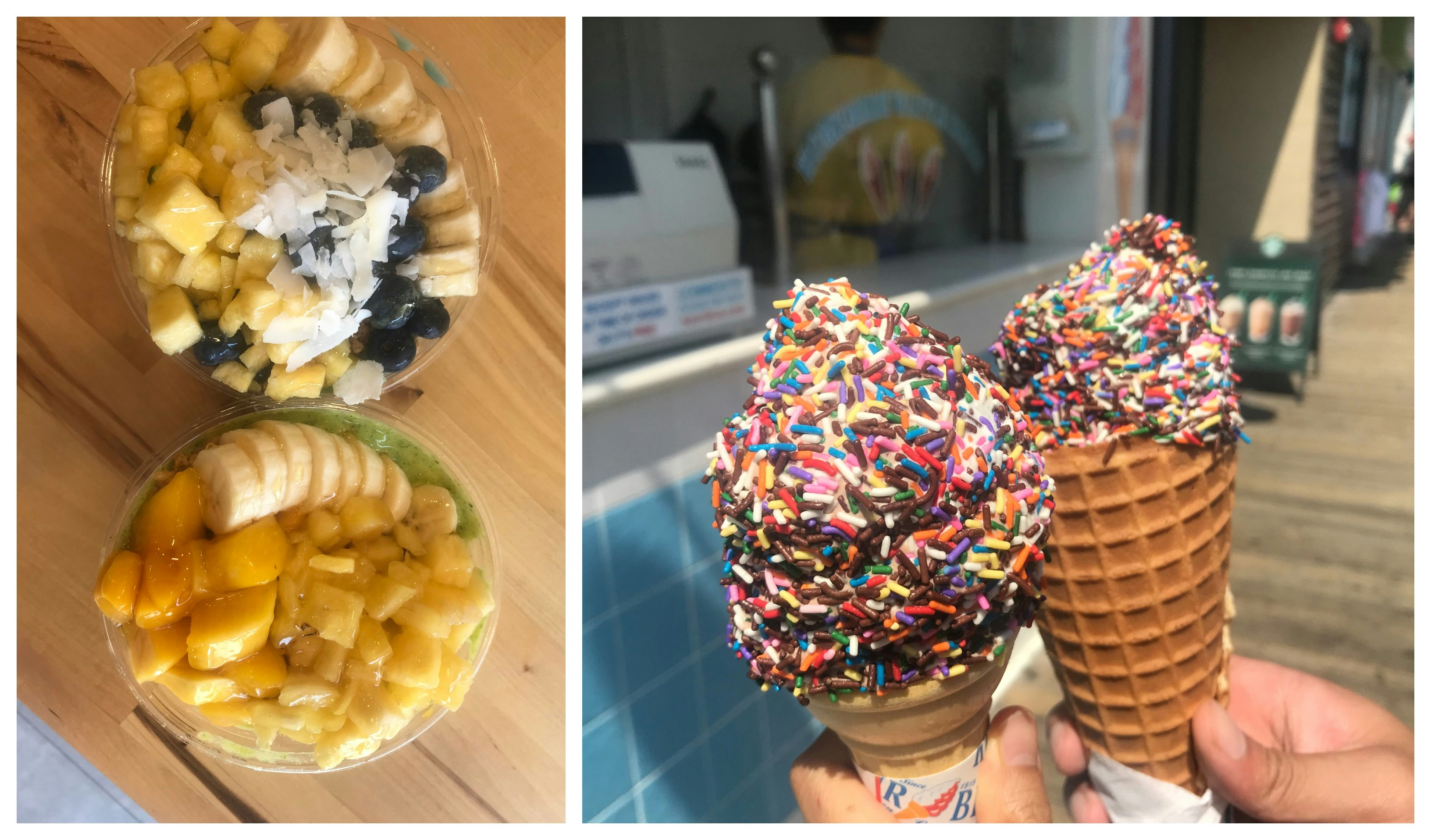 On the left, two bowls of chopped up fruit, on the right two ice-cream cones with sprinkles