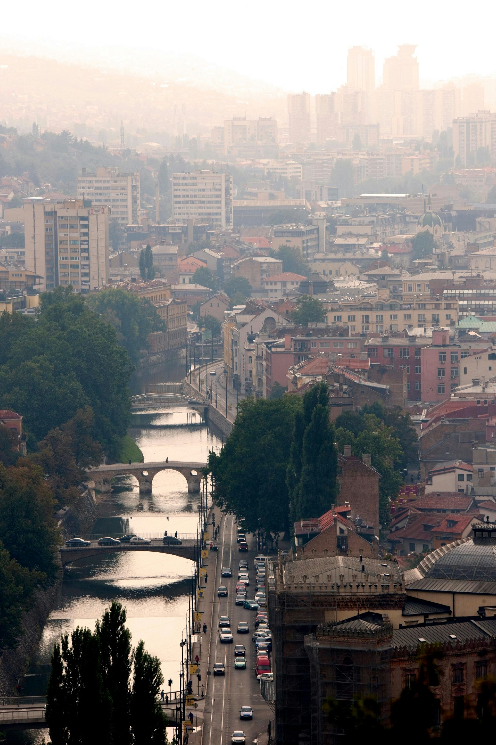 An overview of the old town beside Miljacka River, Sarajevo