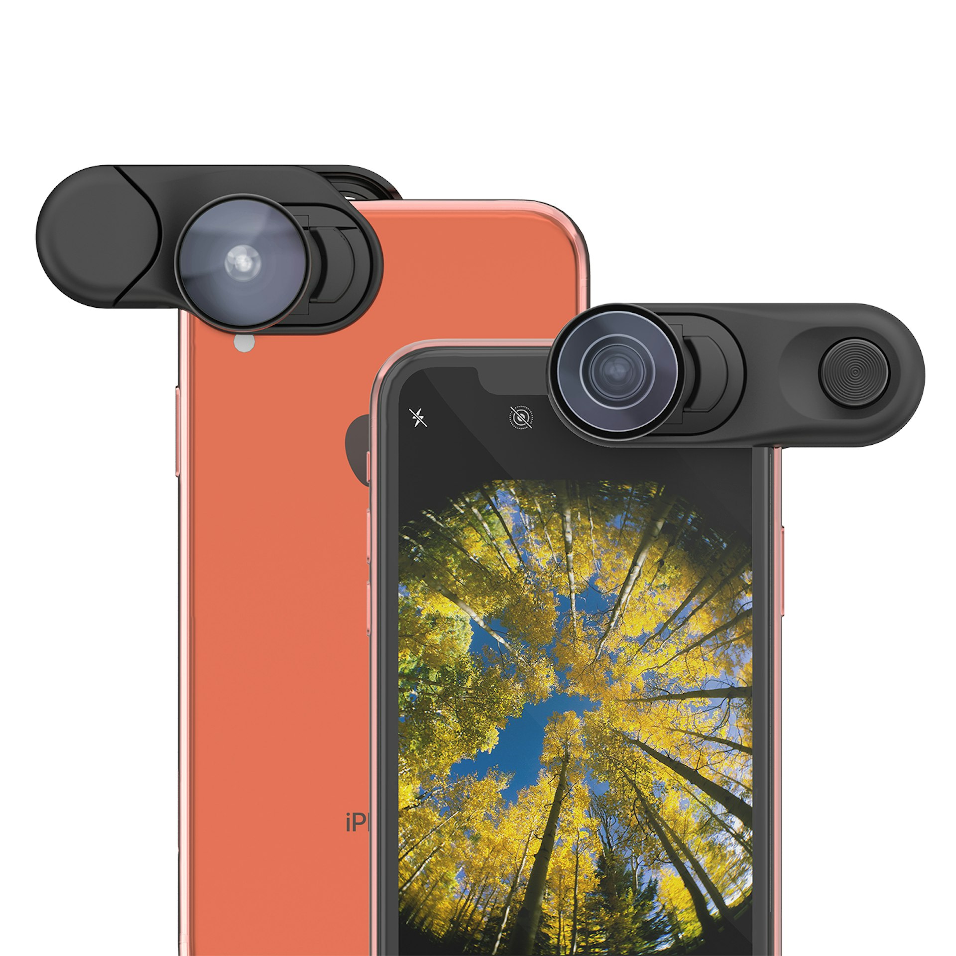 A small, black olloclip is attached to an orange phone. A phone with its screen visible is in front of it. 