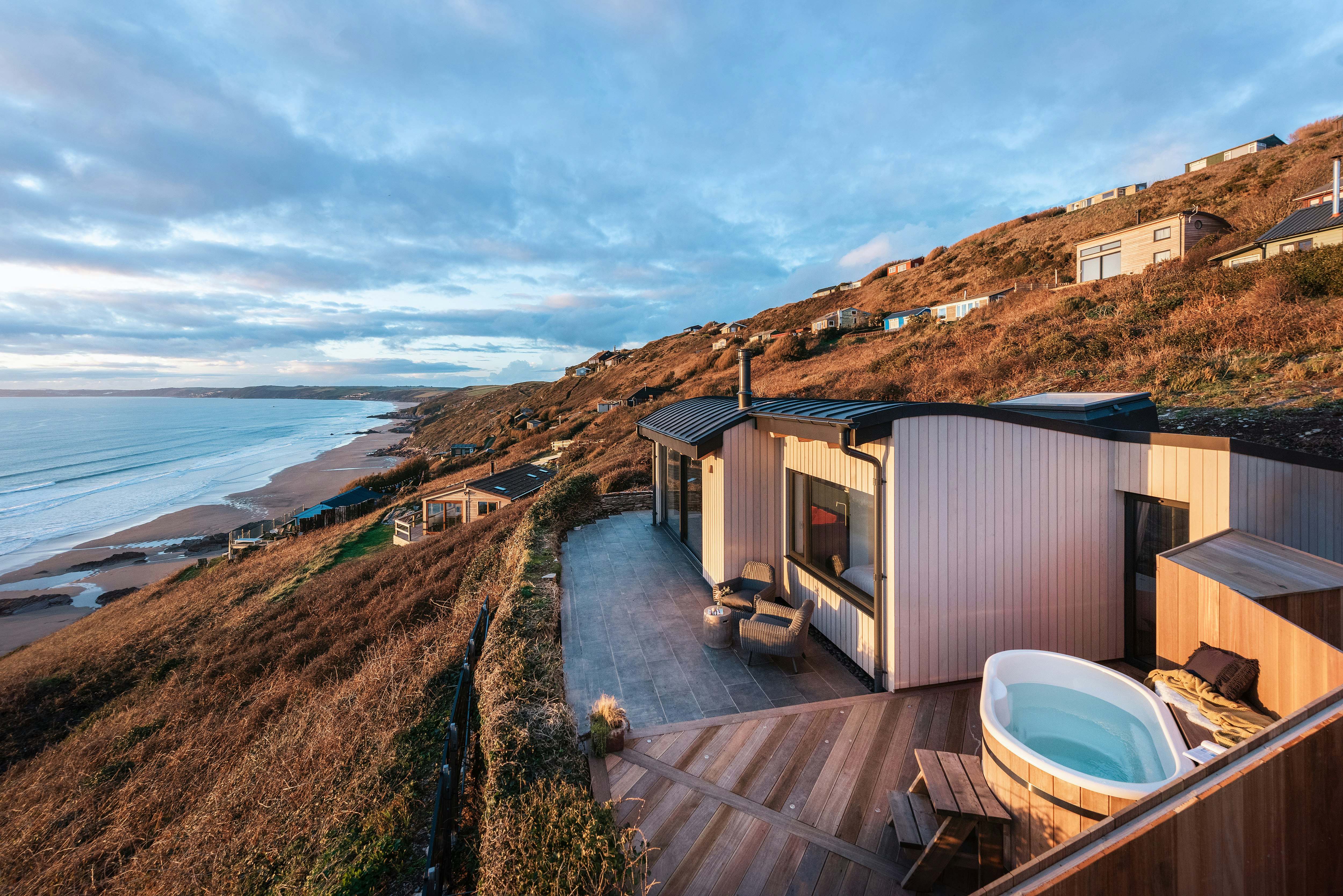 A picture of Orlagh's patio, with a hot tub, and the beautiful view