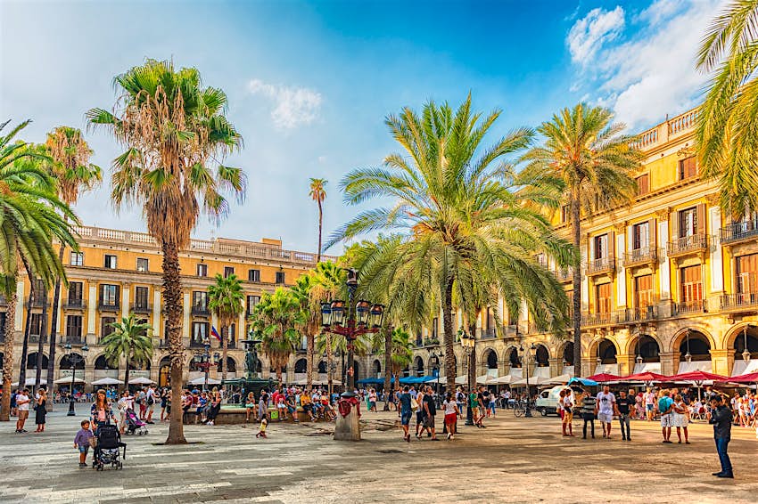 A large square with palm trees.  The buildings lining the square are bathed in sunlight.  Below each building are awnings and umbrellas.  People sit at the restaurants there