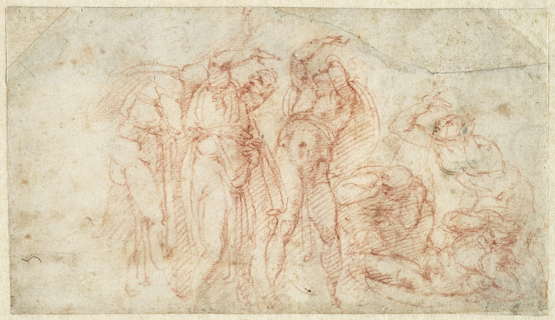 A rough sketch os six figures cowering in fear, red on paper