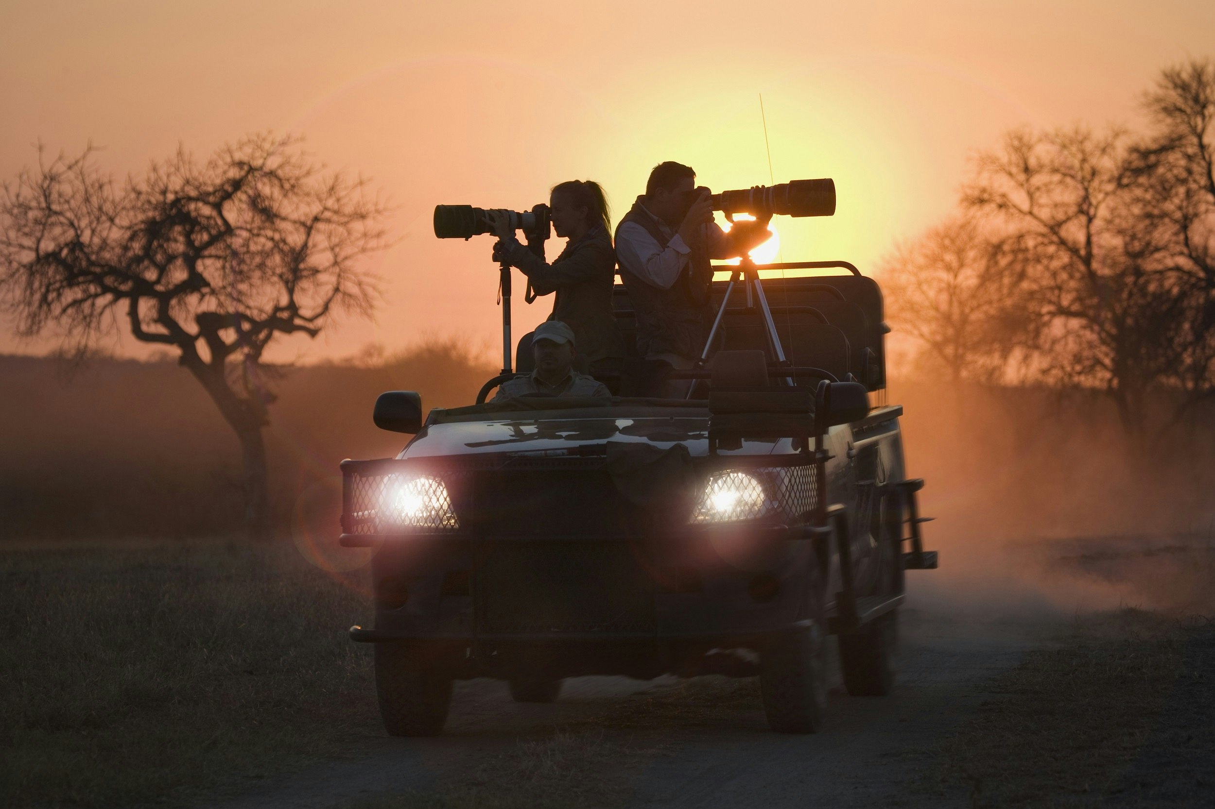 A man and woman, both wielding huge camera lenses, stand in the back of an open-topped 4WD safari vehicle; a guide is at the wheel, and the sun is setting behind them all.