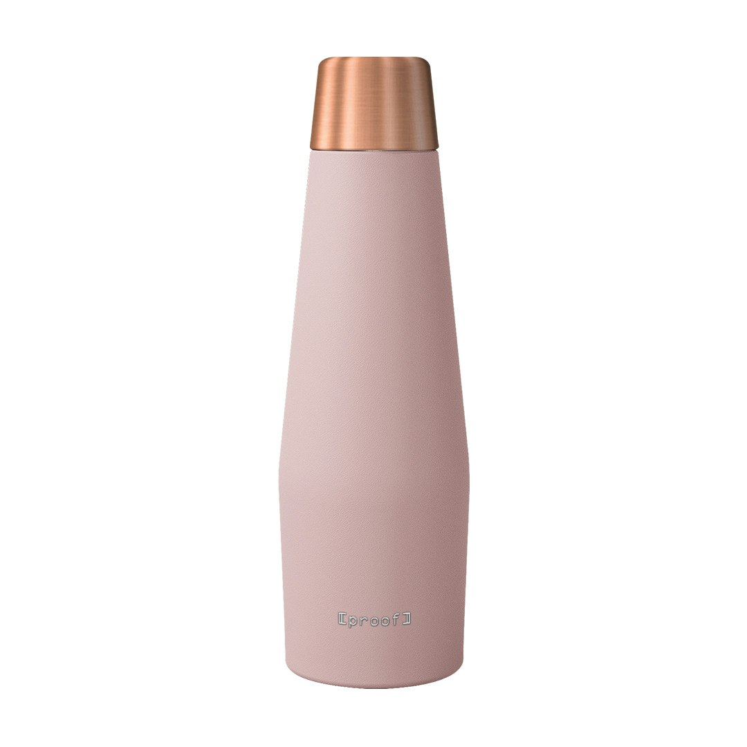 Pink water bottle with copper lid from Proof