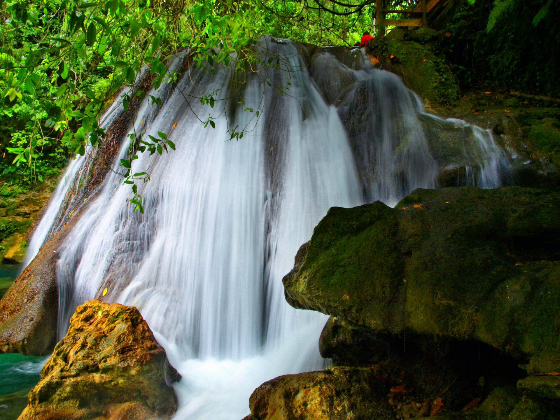 Blurred whitewater fans out down a rock face and into a pool below; trees' foliage hangs above the scene, and large rocks stand in the foreground.