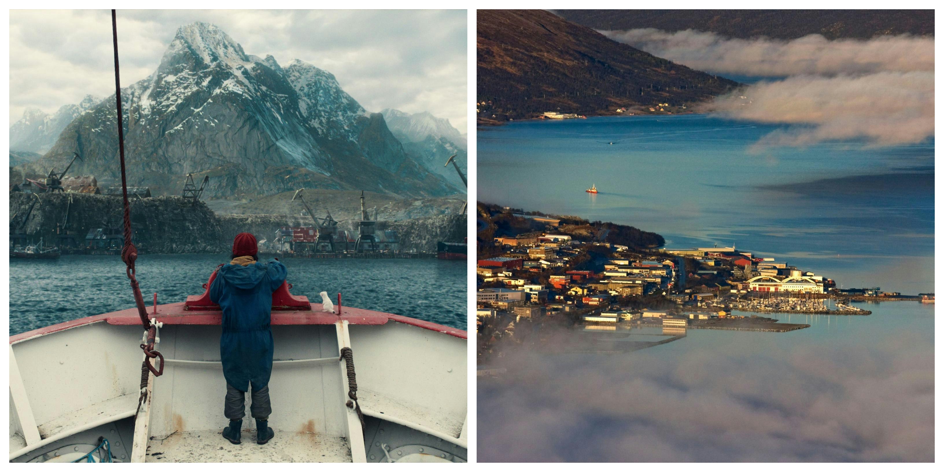 On the left, a scene from His Dark Materials. Lyra is looking out to an arctic town from a boat. On the right an aerial shot of Tromso port.