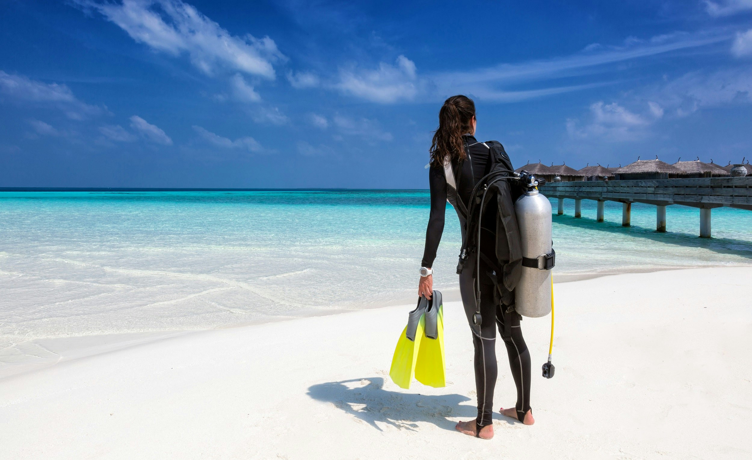 A solo female diver stands on the beach wearing her wet suit and scuba tank, and holding her yellow fins
