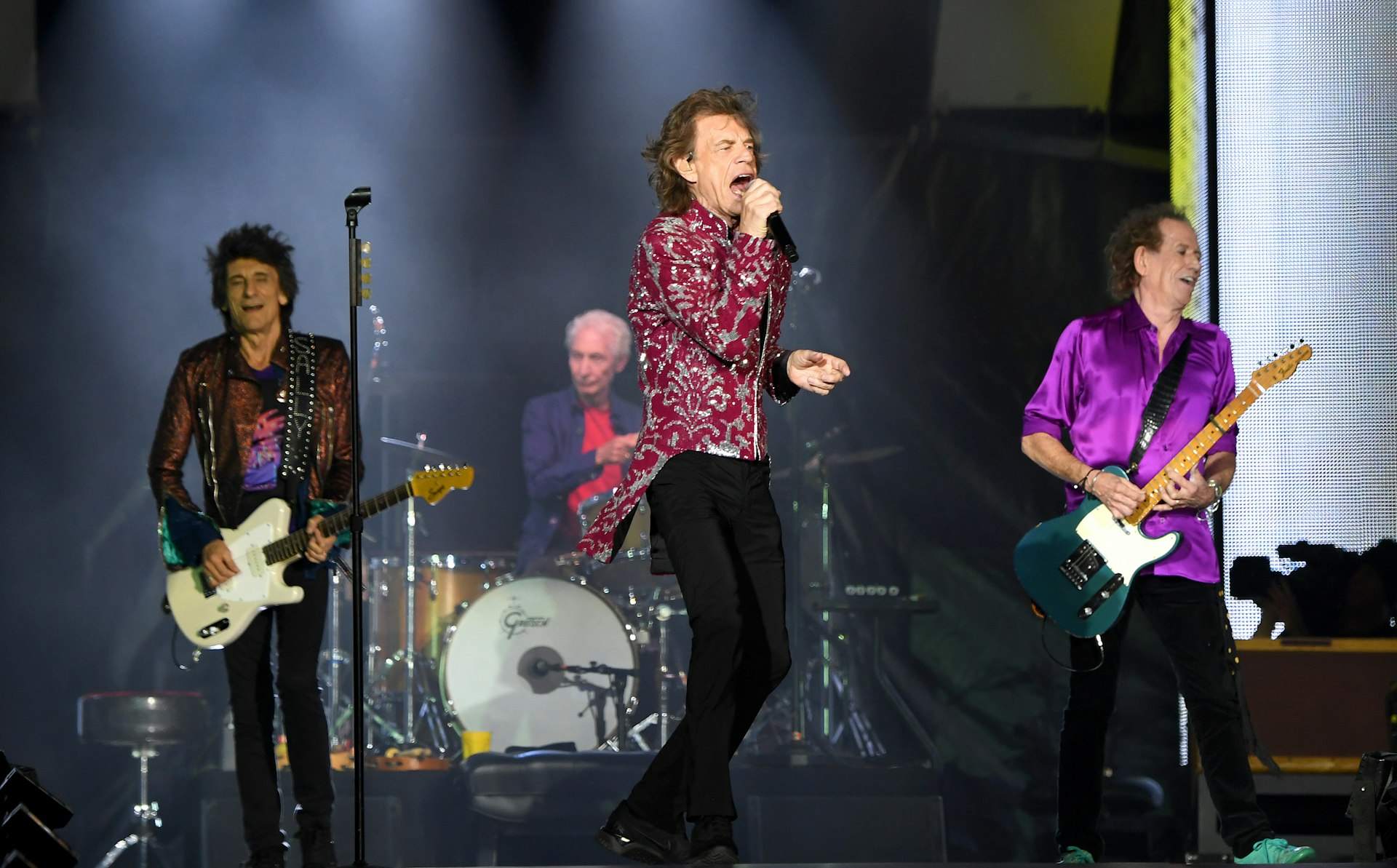 Charlie Watts, ROnnie Wood, Mick Jagger, and Keith Richards play live on the Rolling Stones' No Filter tour in 2019