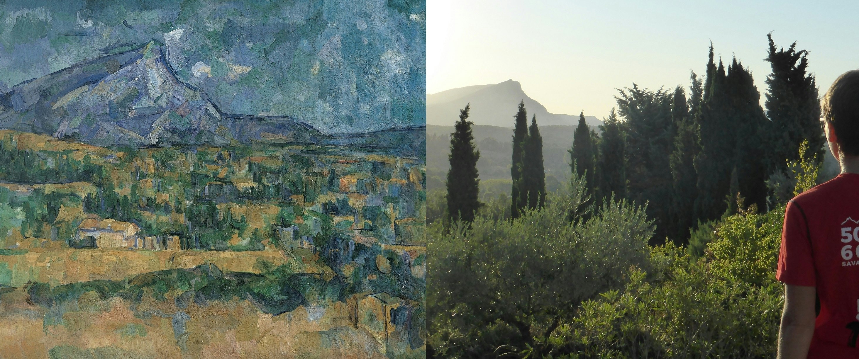 A painting of Mont Sainte Victoire by Paul Cézanne; the pyramid-like mountain rises in the top left-hand corner, with tree covered hills in the foreground. On the right is a photograph of a similar view, with the writer standing in the far right side.