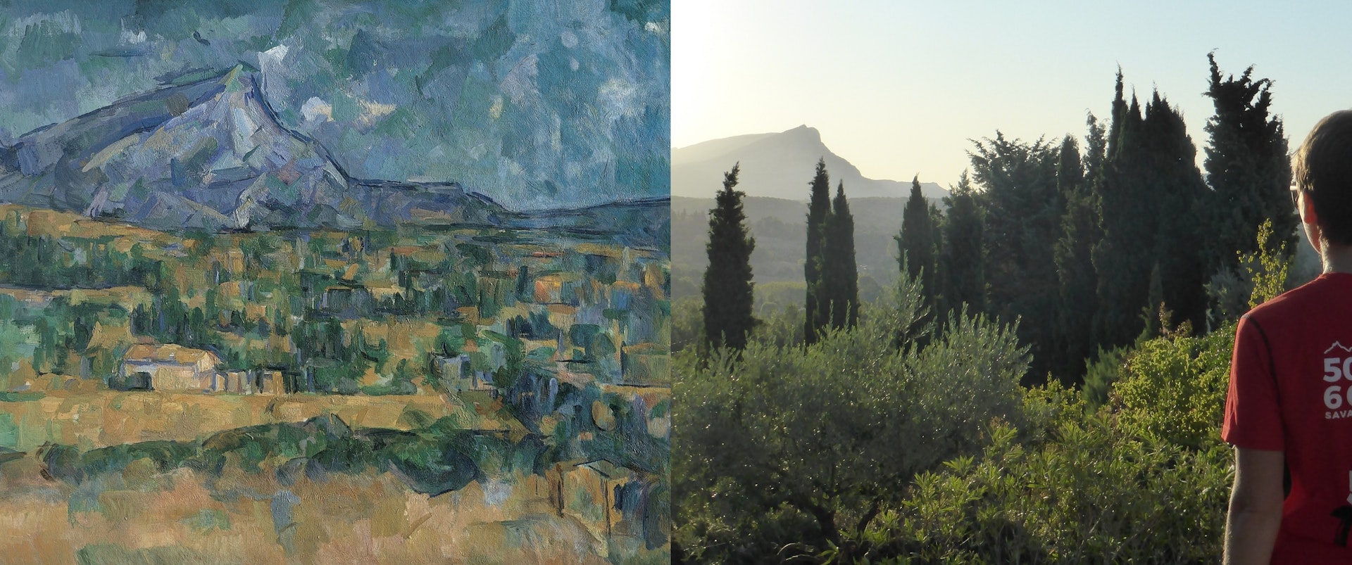 A painting of Mont Sainte Victoire by Paul Cézanne; the pyramid-like mountain rises in the top left-hand corner, with tree covered hills in the foreground. On the right is a photograph of a similar view, with the writer standing in the far right side.
