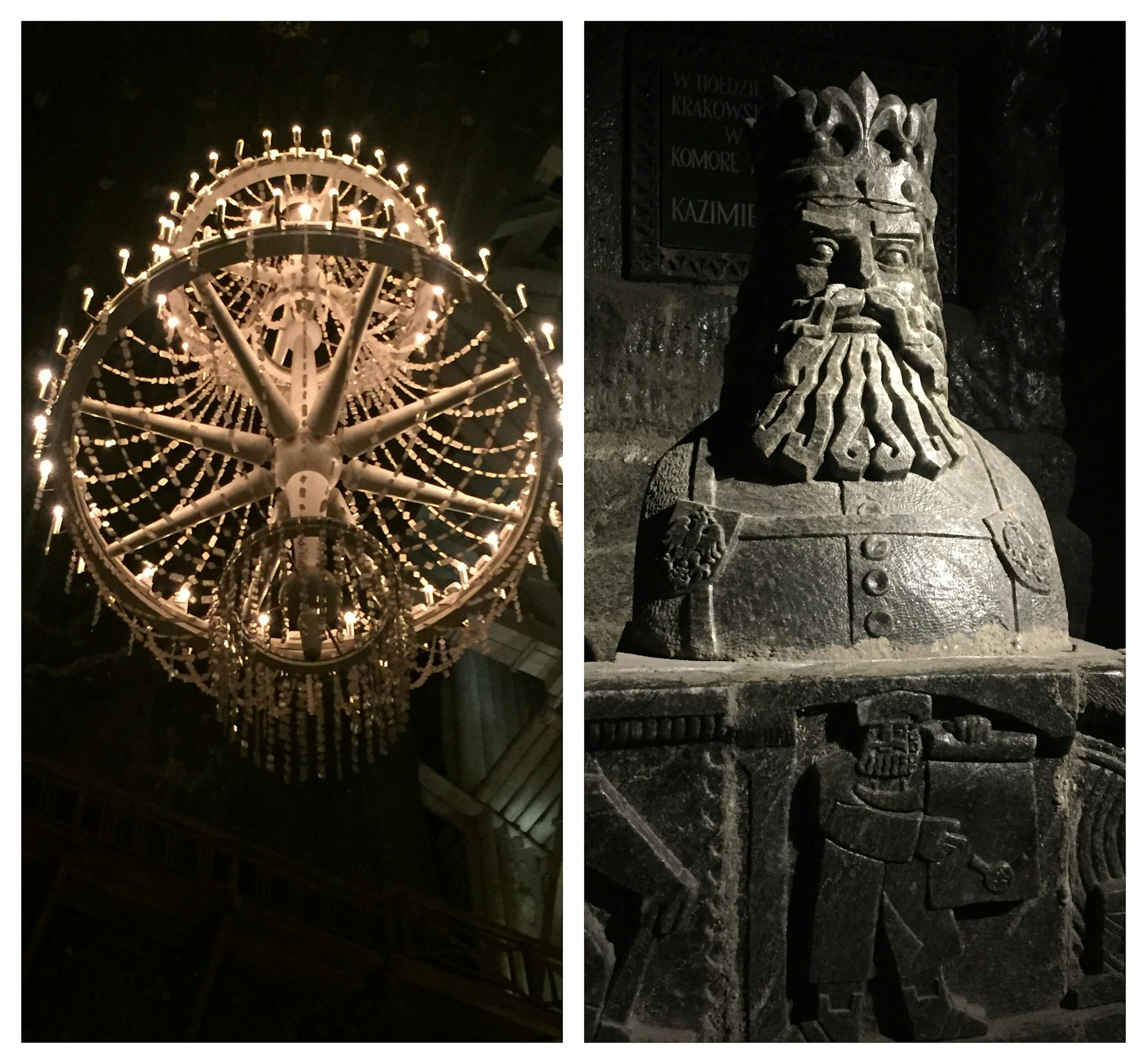 On the left a chandelier covered in salt. On the right a carved stone figure of a king