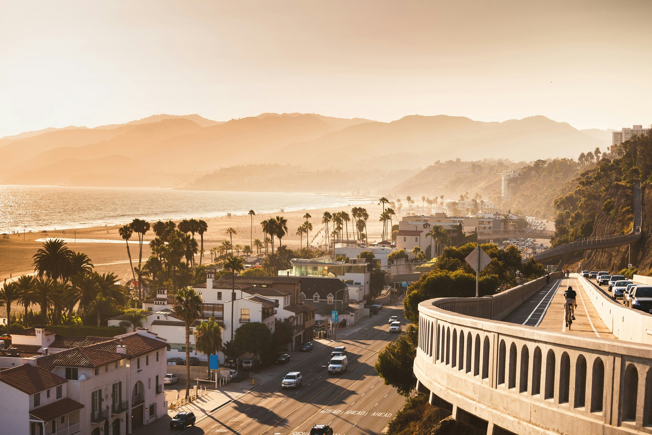 Bathed in golden light, this is an image of the beach at Santa Monica; in the foreground are palm-lined streets.
