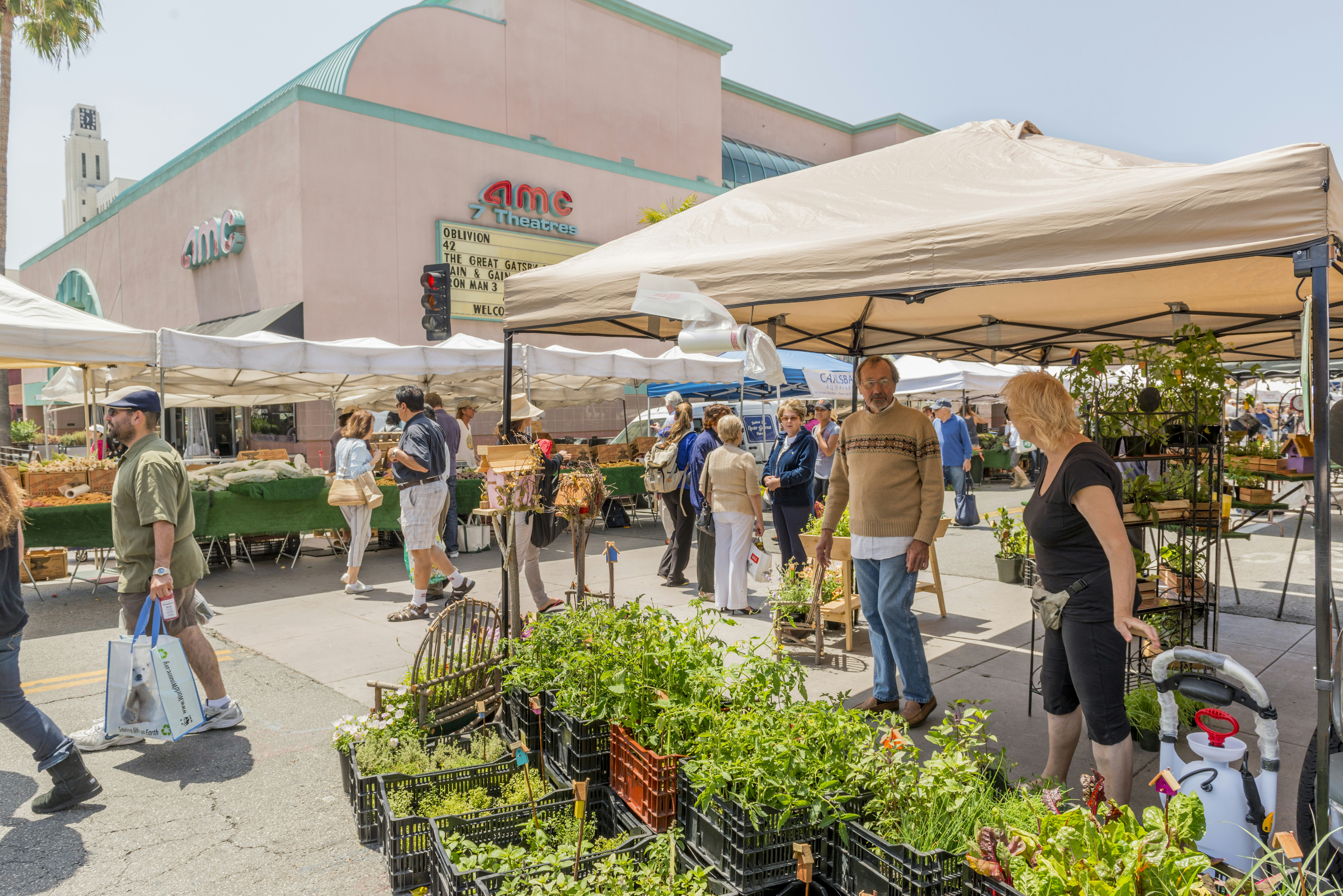 A collection stalls are lined up under the shade of gazebos, selling fresh produce at Santa Monica Farmers Market.