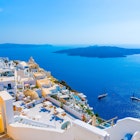 View to the sea and volcano from Fira, the capital of Santorini island in Greece