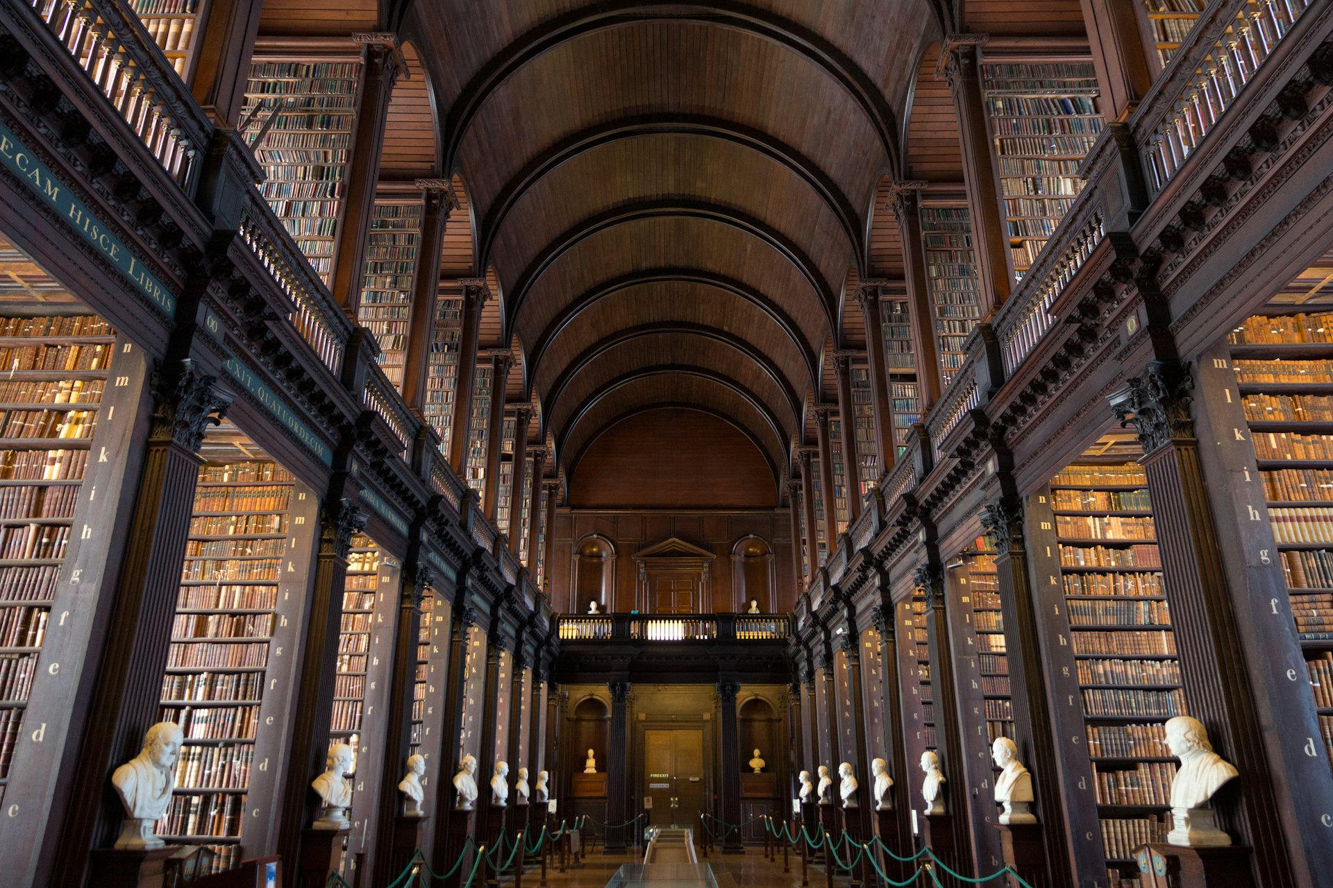 Symmetrical rows of bookshelves in the Long Room in the Trinity College Library