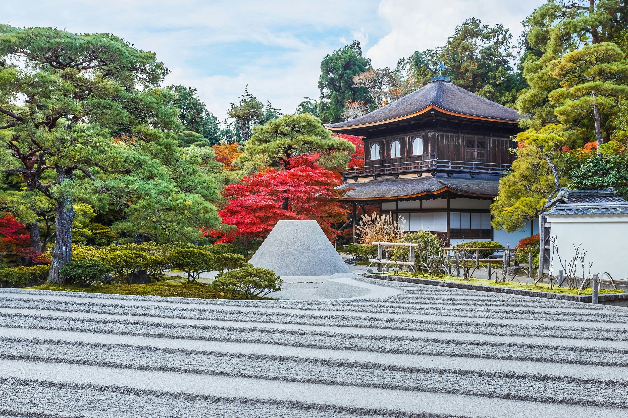 An orderly zen garden stretches out in front of Ginkaku-ji, Kyoto