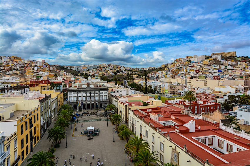 Looking over a palm-tree-lined square surrounded by colorful flat-roofed buildings in Las Palmas de Gran Canaria, Canary Islands