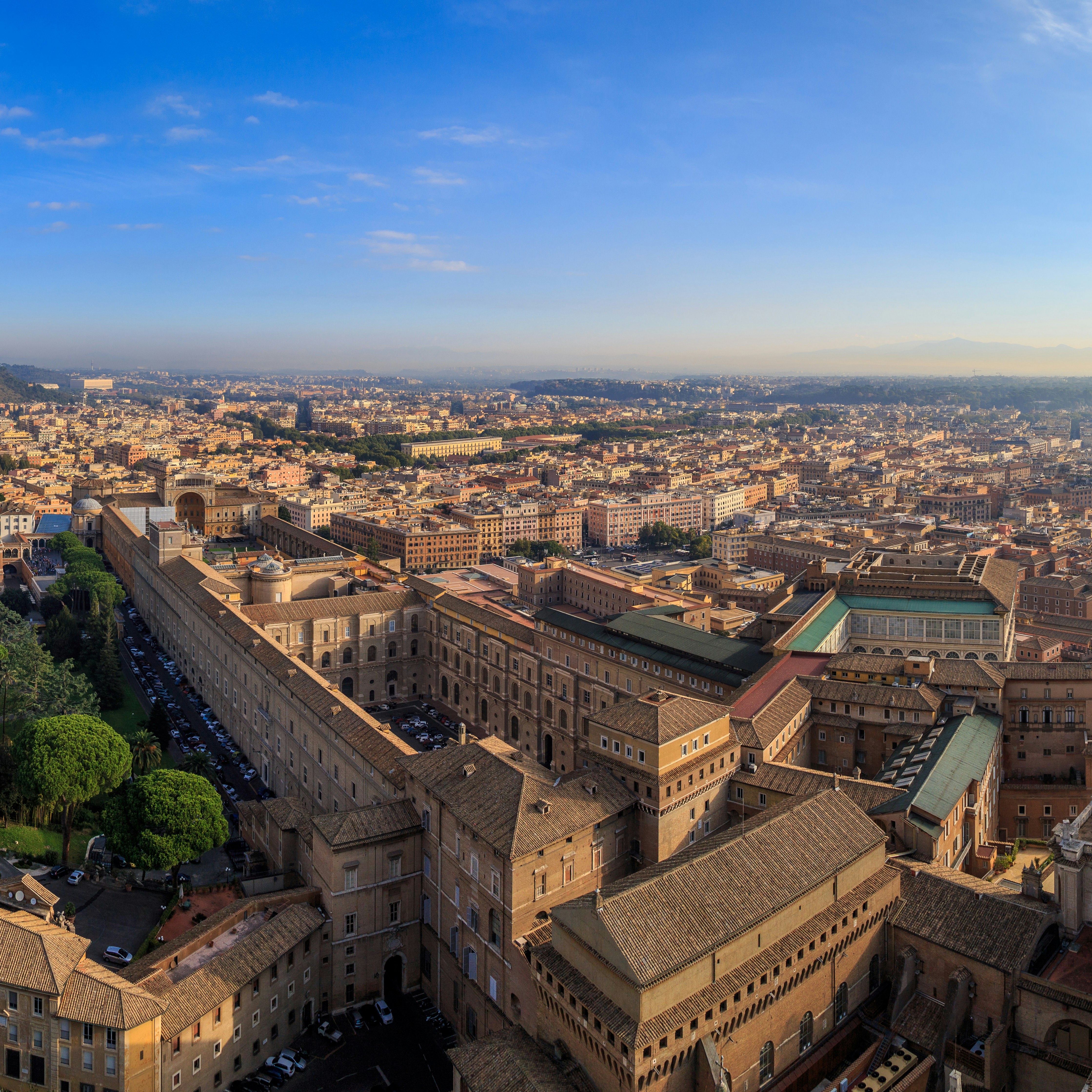 Aerial of the Sistine Chapel and the Vatican in Rome, as seen from the dome of St. Peter