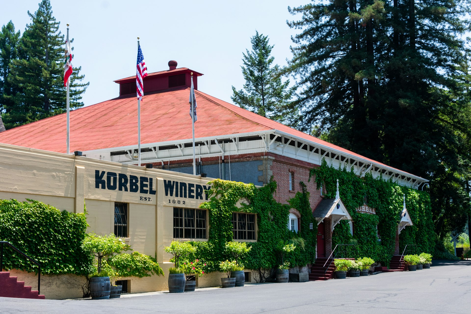Korbel Champagne Cellars winery historical facade, a storefront covered in ivy