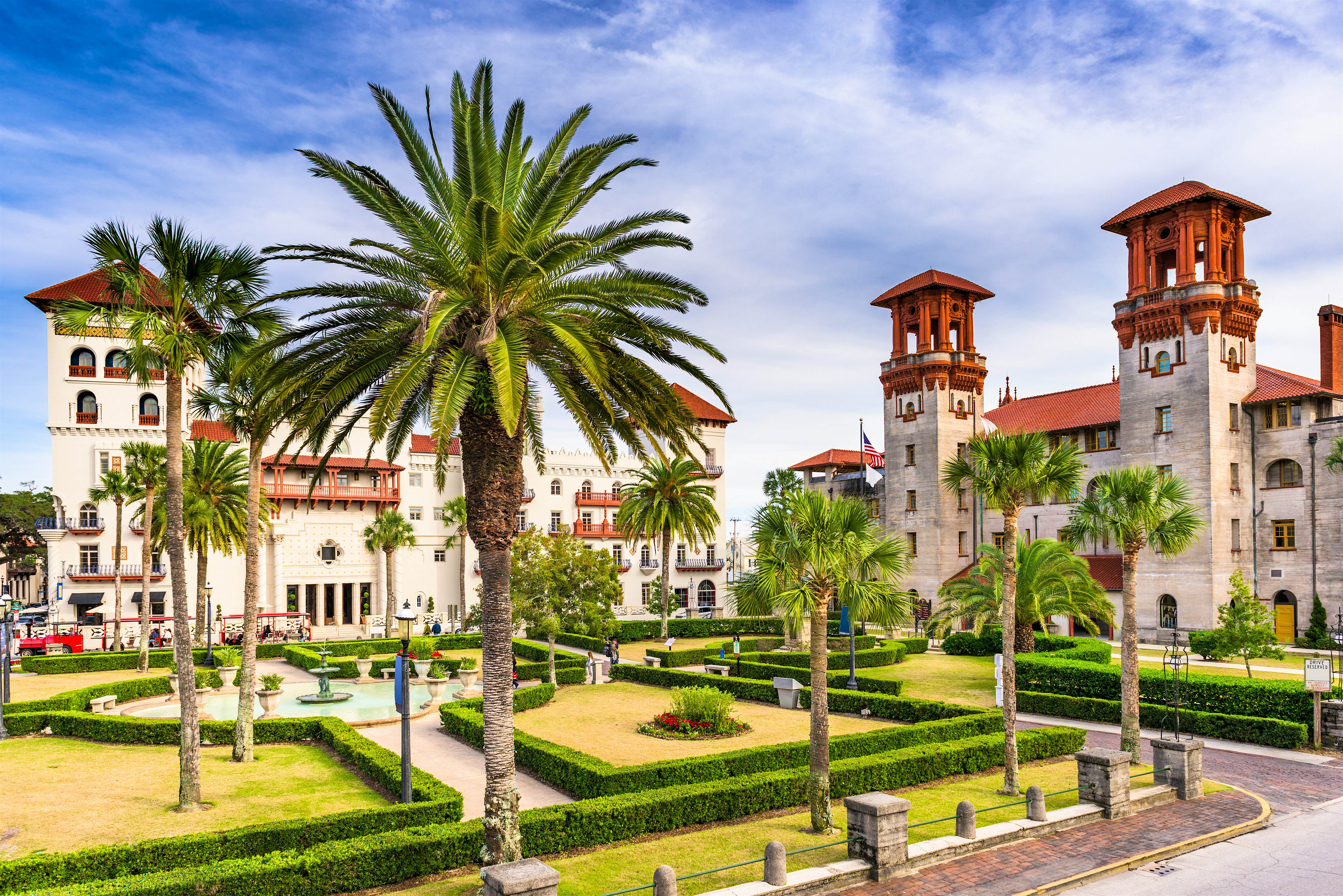 The town square in St Augustine, with Spanish architecture and palm trees