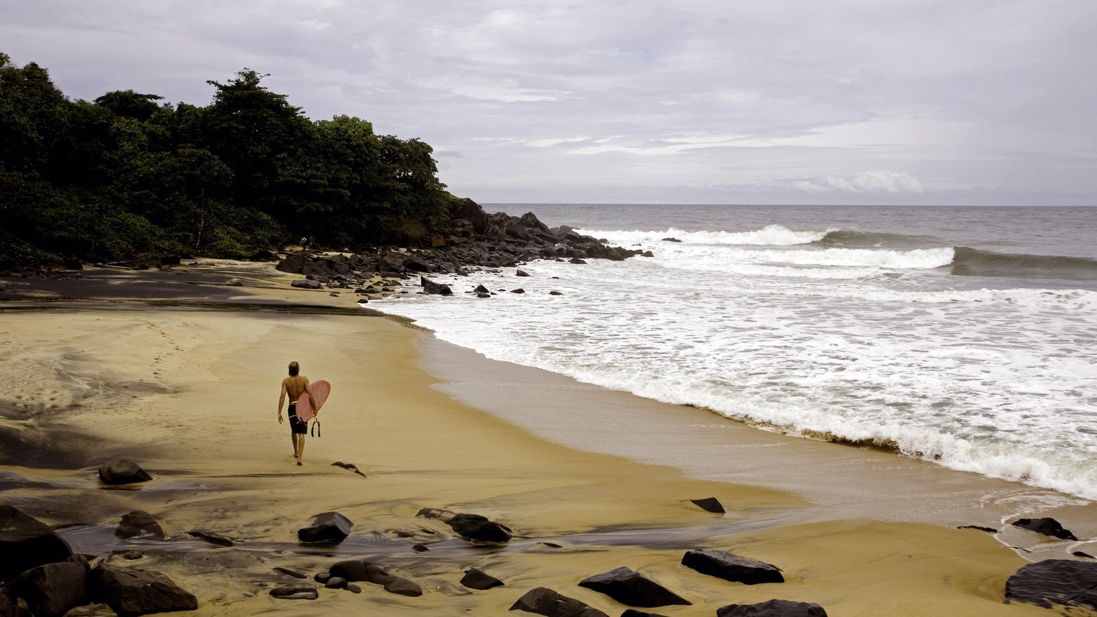 A surfer, with board under his right arm, walks alone along a beach at Robertsport; the beach is backed by verdant forest, while rolling waves crash on the beach