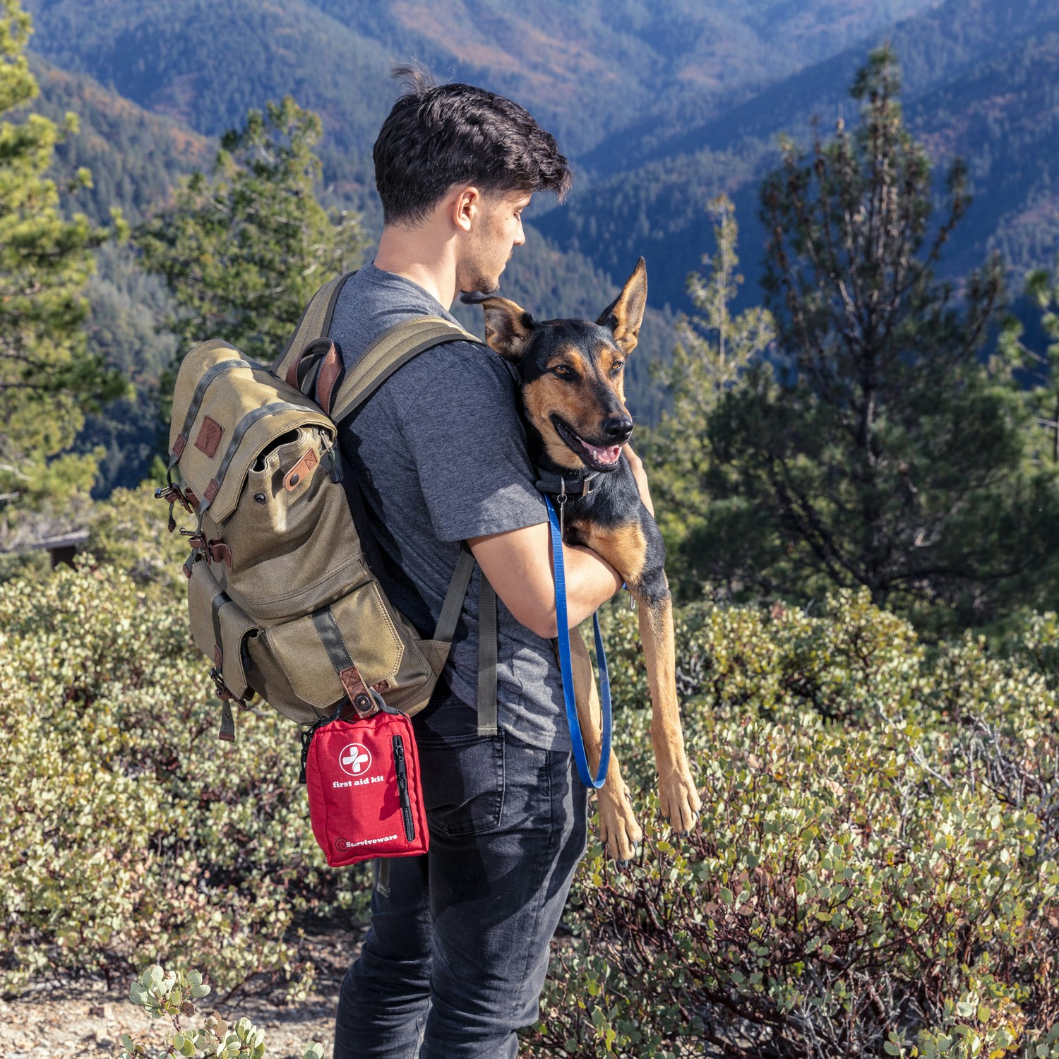 A man is on a mountain hike, surrounded by scrub bushes; he is carrying a dog and wearing a backpack with a red first aid kit clipped onto it.