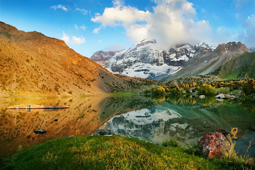 tajikistan.jpg Lake in the Fan Mountains with reflections of snow-capped mountains.