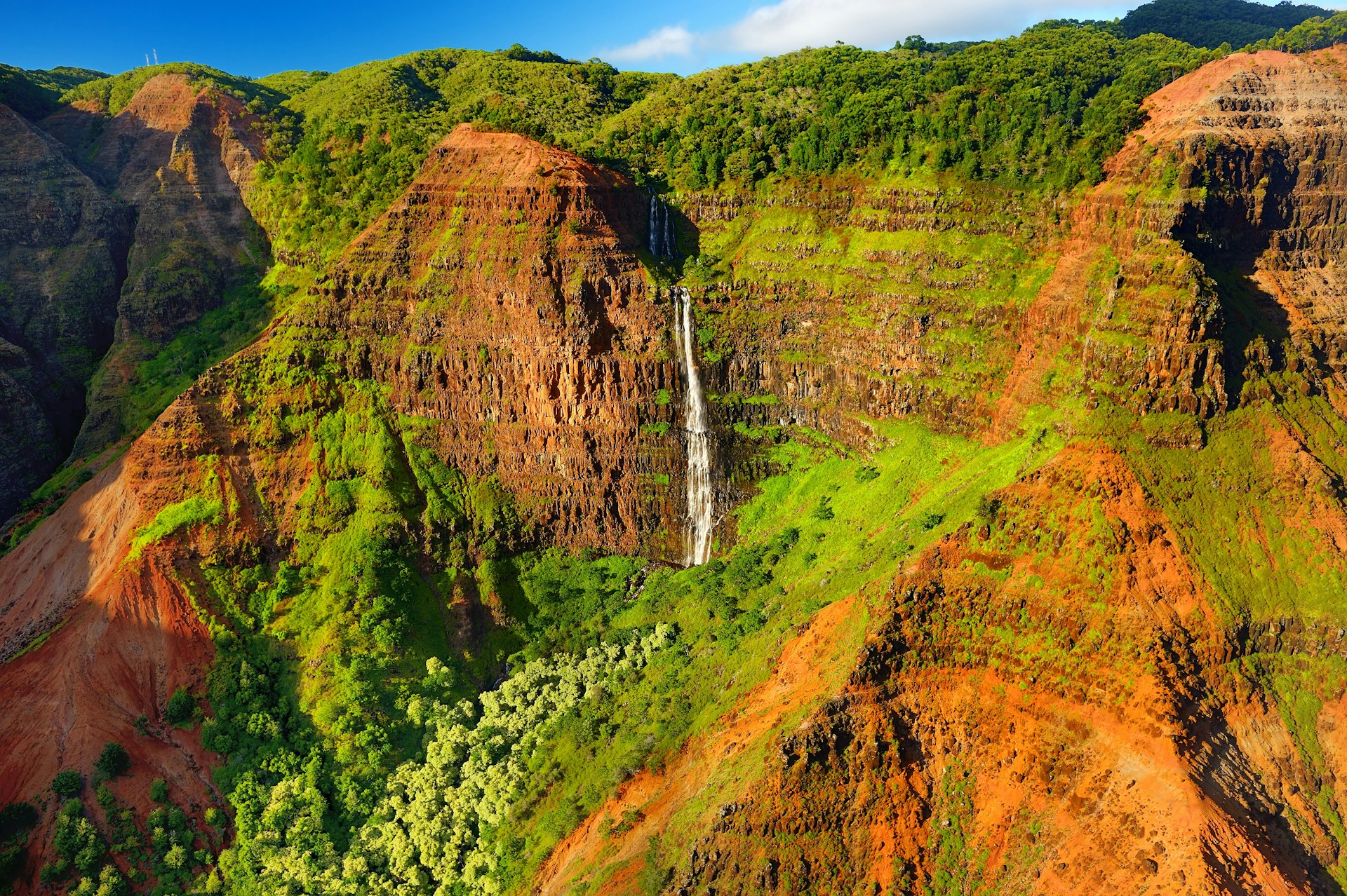 A waterfall cascades down the lush cliffs of Waimea Canyon State Park in Kauai.jpg