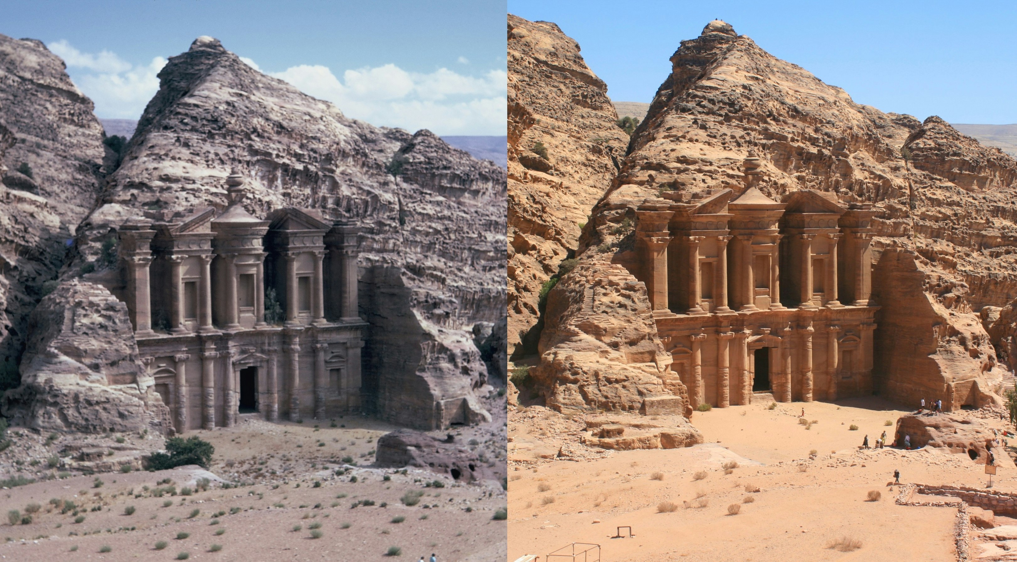 Two almost identical images of a huge rock-hewn facade in a large cliff face, one taken in 1972, the other 2019.