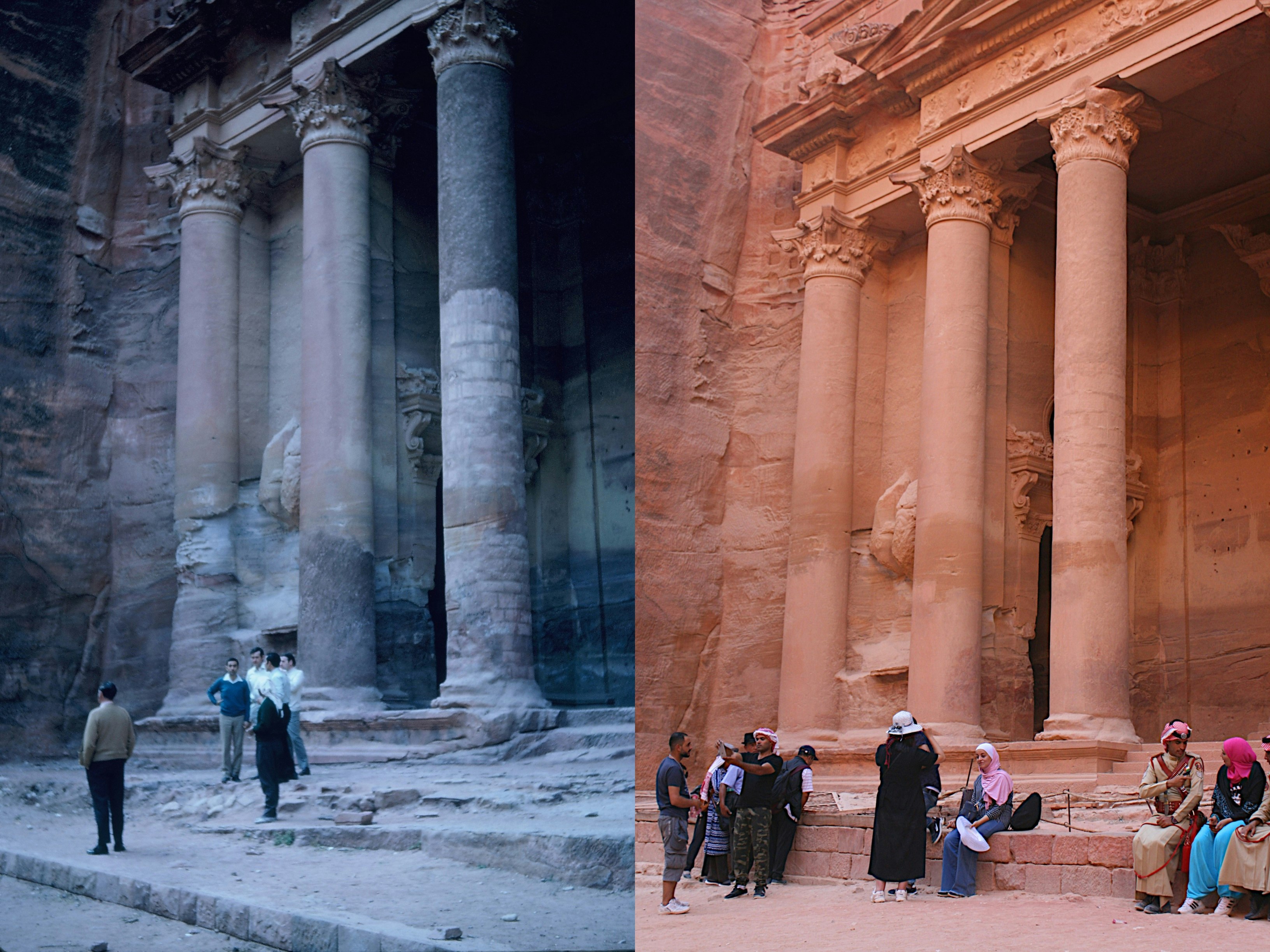 On the left is a very old, greyish photo of men standing beneath the stone columns of the Treasury in Petra; on the right is a very colourful image of the same scene - the stone is reddish, and people are sitting on the edge of the Treasury taking photos and chatting with Royal Bedouin Police.