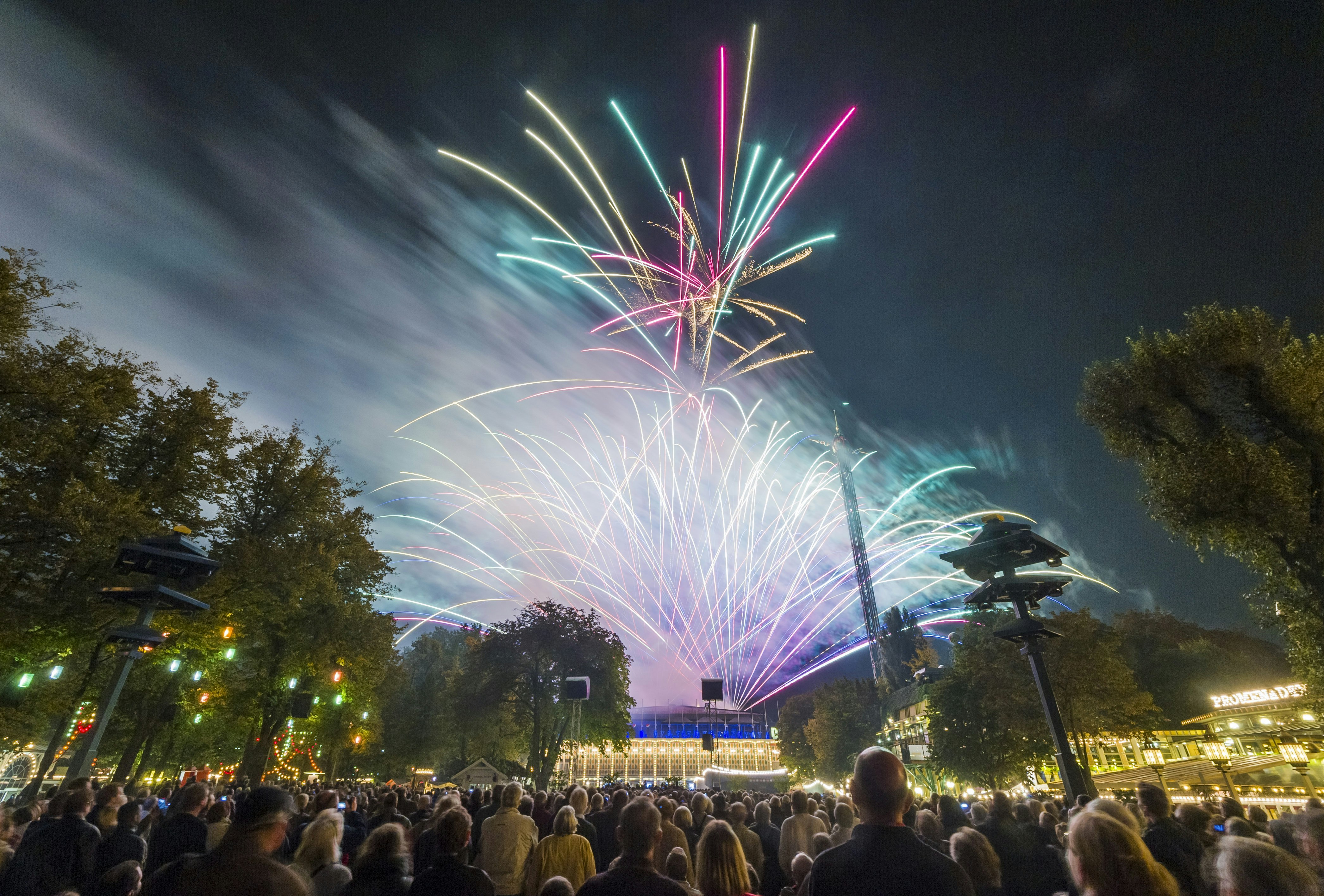 A large crowd of people are gathered at Tivoli in Copenhagen to watch a fireworks display; a brightly coloured firework has exploded in the sky.