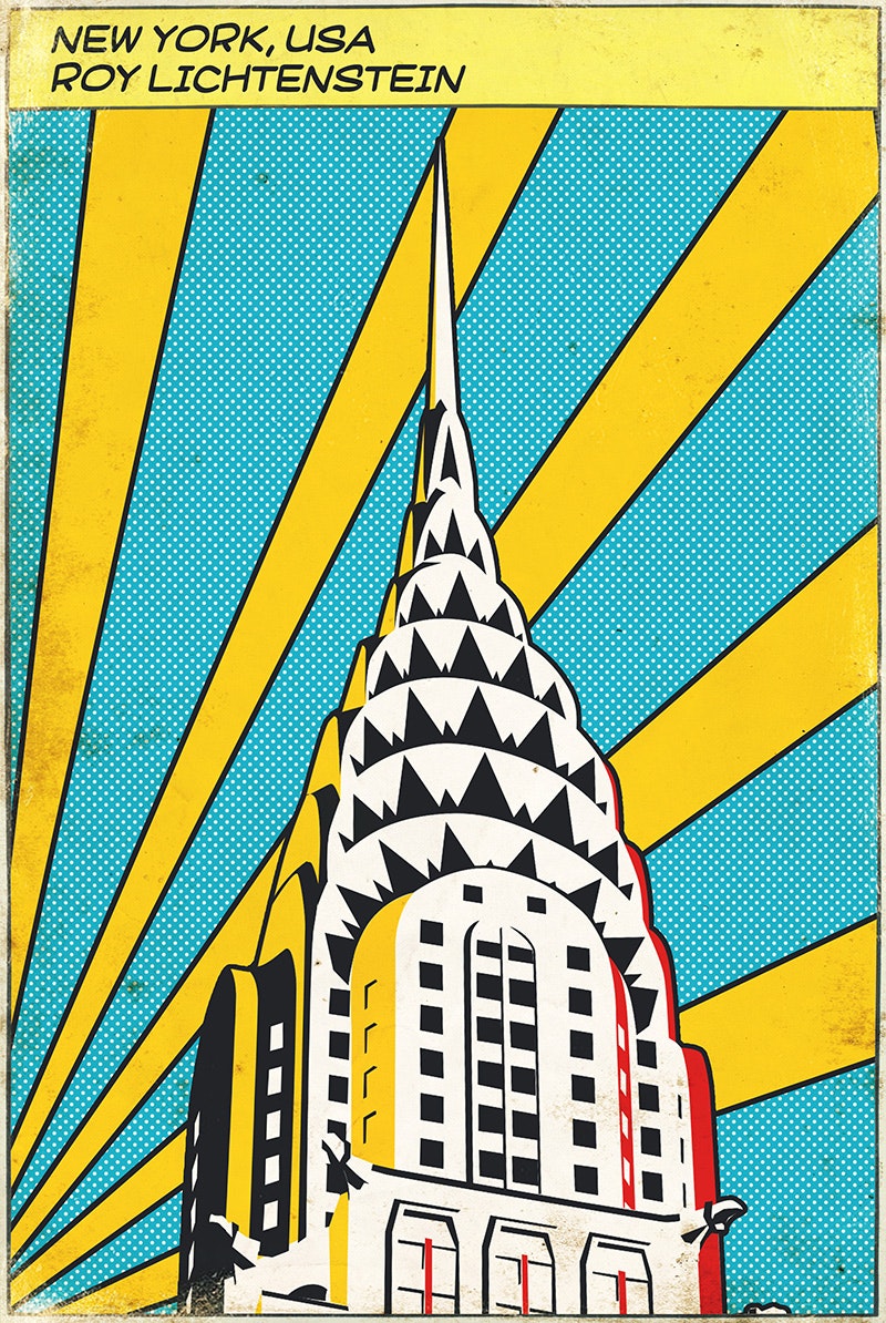 An poster for New York City done in a style that evokes Roy Lichtenstein
