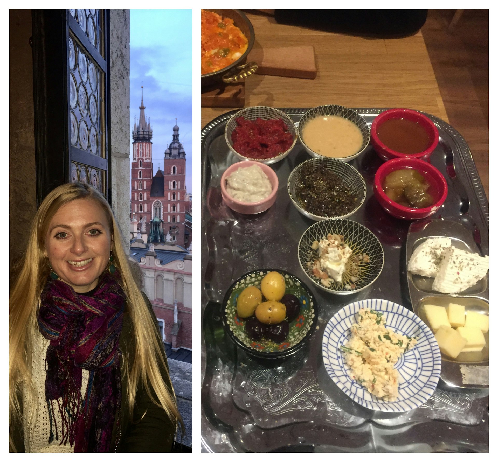 The author in the tower with the square behind her (left) and a breakfast of olives, hummus, beetroot and cheese on the right
