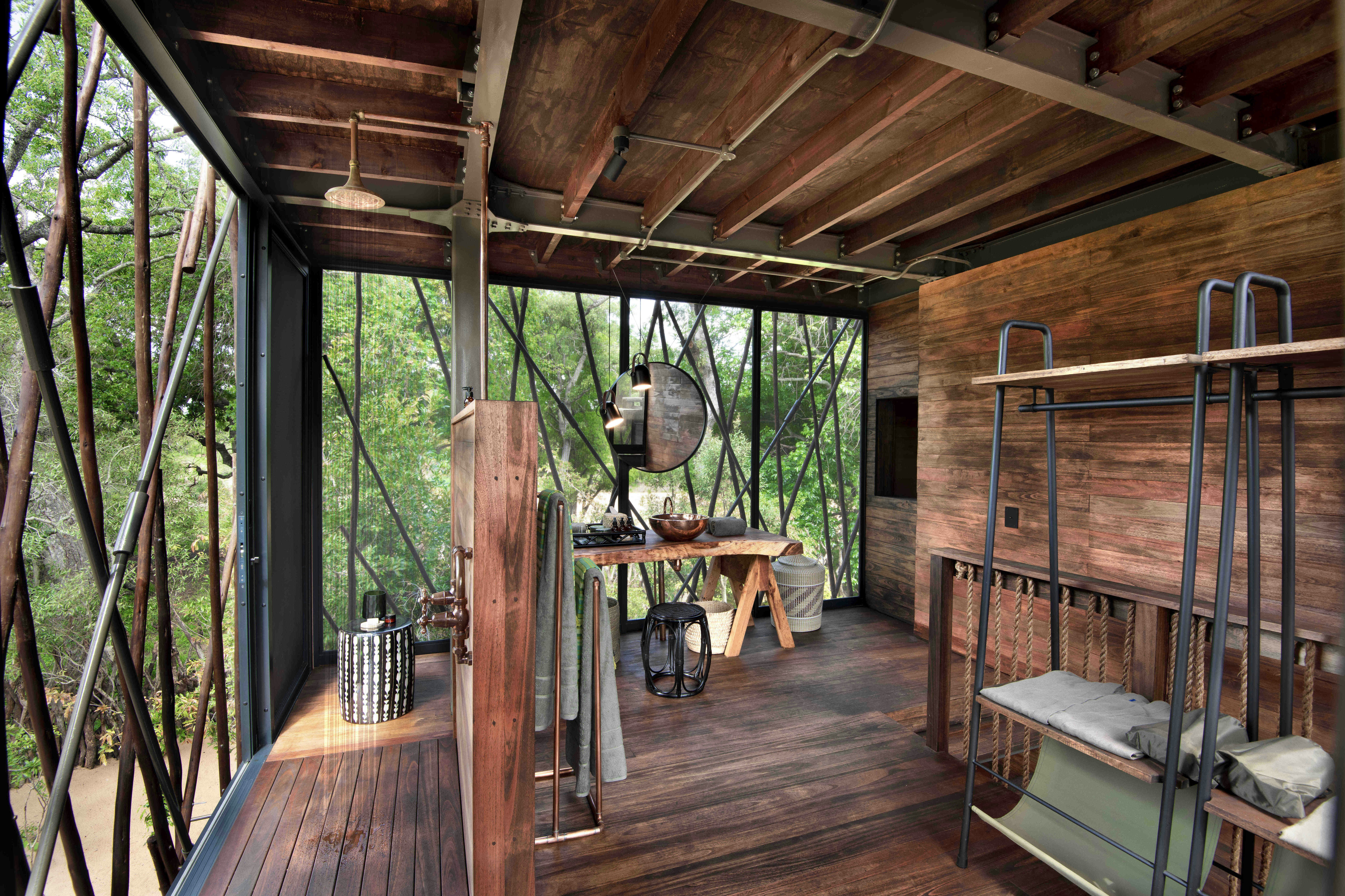 A picture of the treehouse's bathroom including an open shower