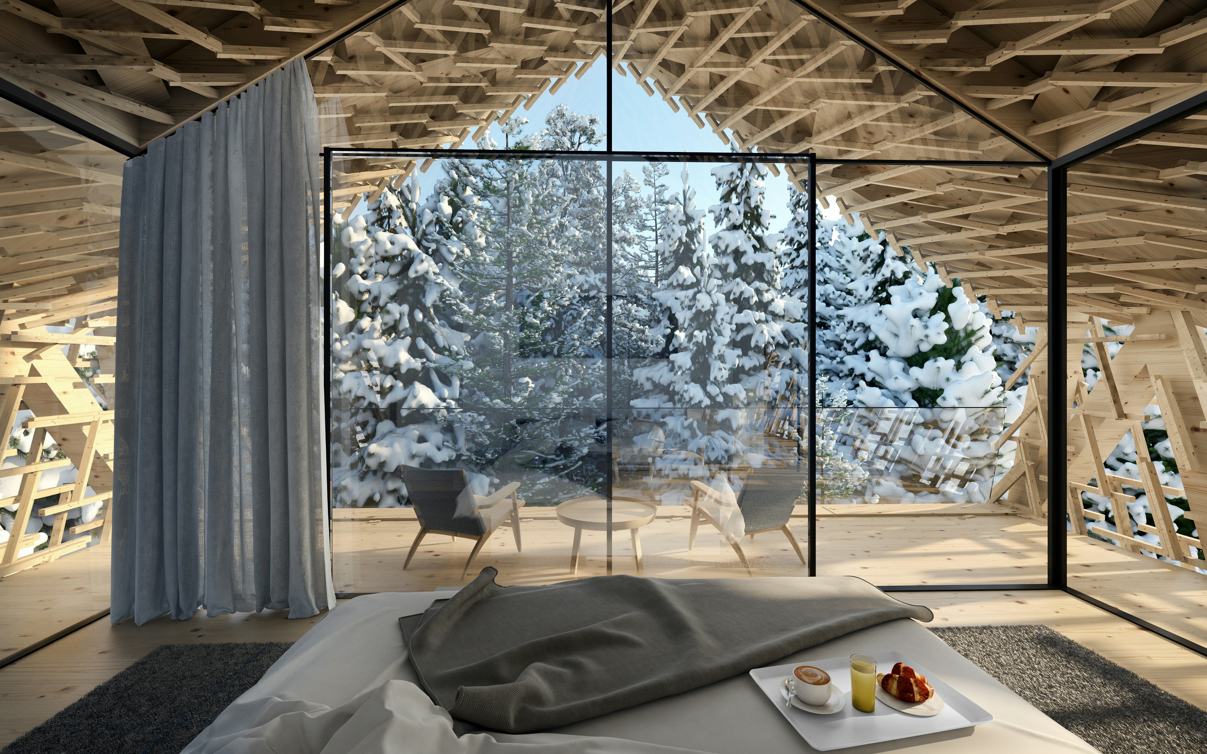 A rendering of the bedroom within the treehouse with the huge window wall