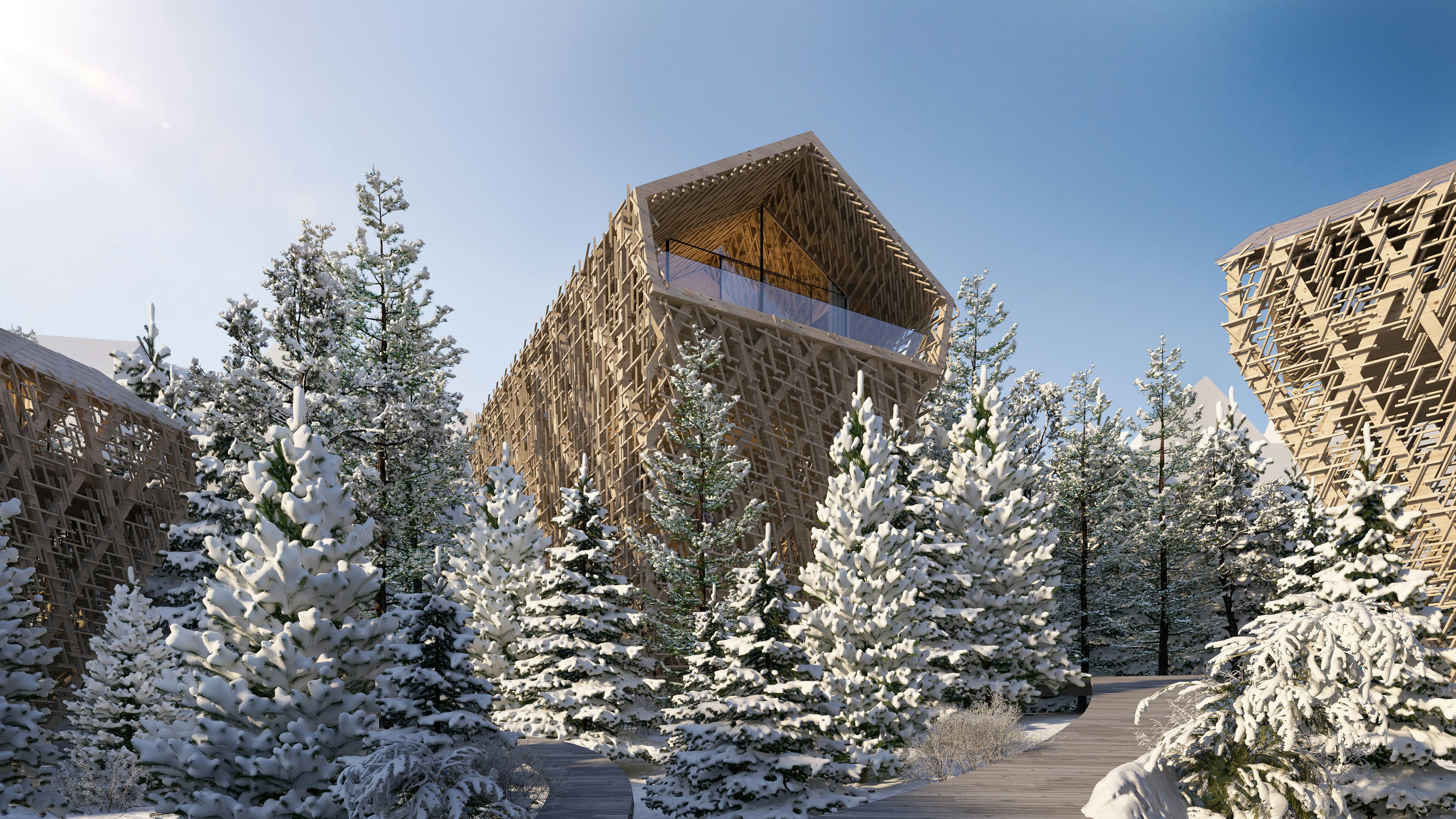 A rendering of the treehouses in the middle of a snowy forest in bright daylight