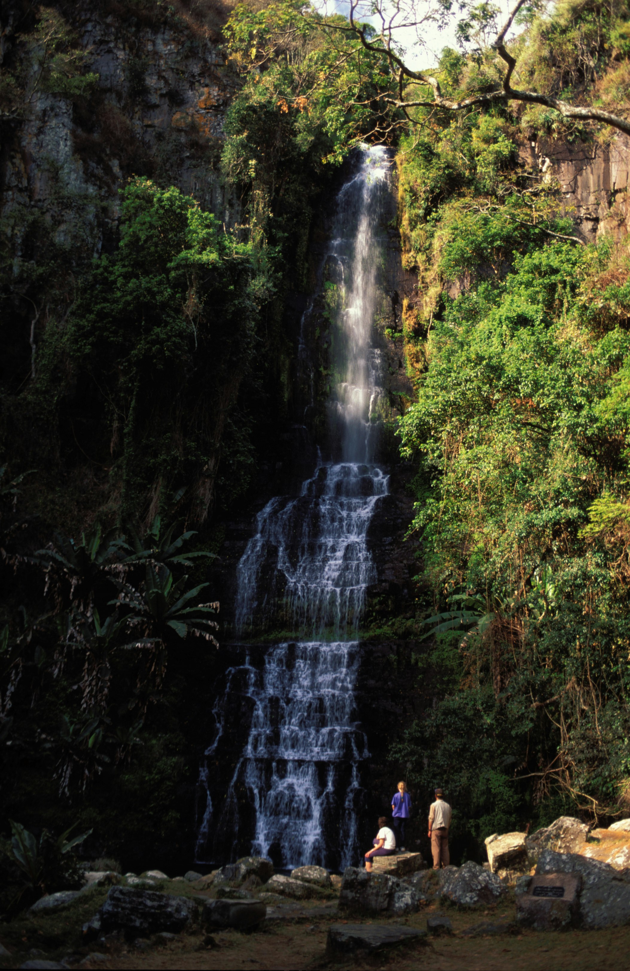 Three trekkers stand on rocks at the base of a narrow, but dramatic waterfall; the cascade is surrounded by lush forest.
