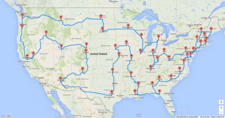 A map of the USA shows a road trip route in red. 