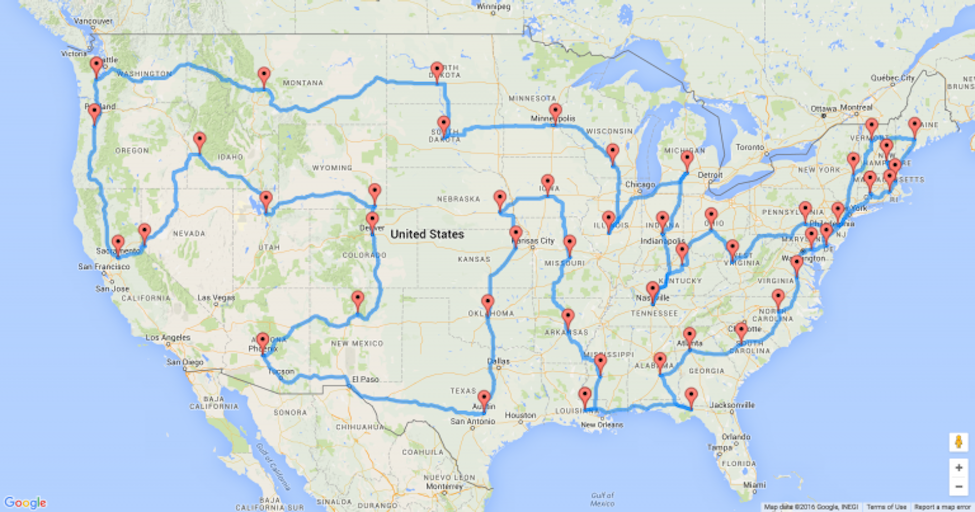 A map of the USA shows a road trip route in red. 