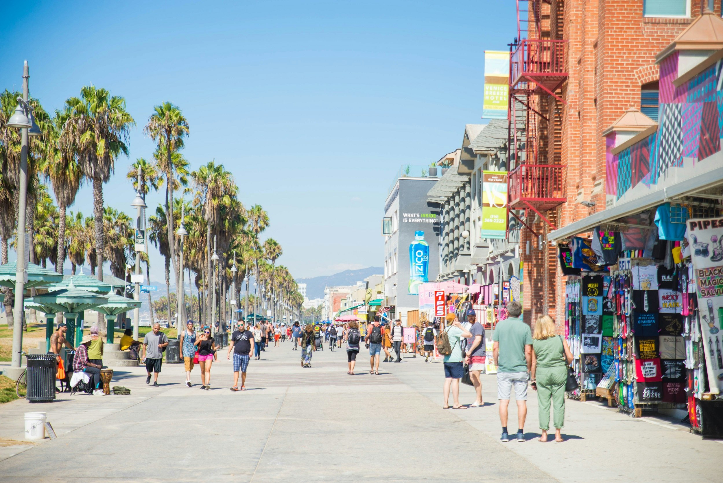 The Venice Boardwalk extends into the distance, with palm trees lining the beach side and vendors and shops lining the other; crowds walk along.