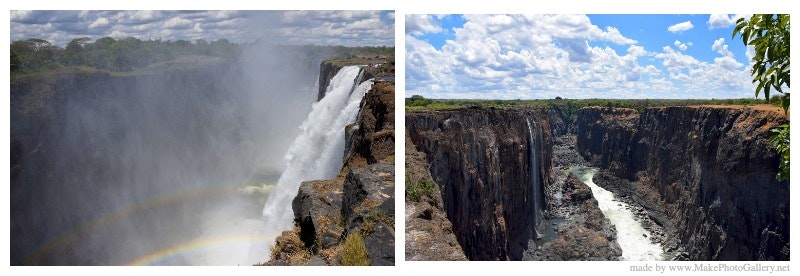 Two photos set side by side for comparison show the eastern and western sides of Victoria Falls with the wildly different amounts of water flow each side sees during November and December. The photo on the west shows a rainbow cast by the spray from the full falls, while on the right you can see the dryer rock face of the Eastern Cataract