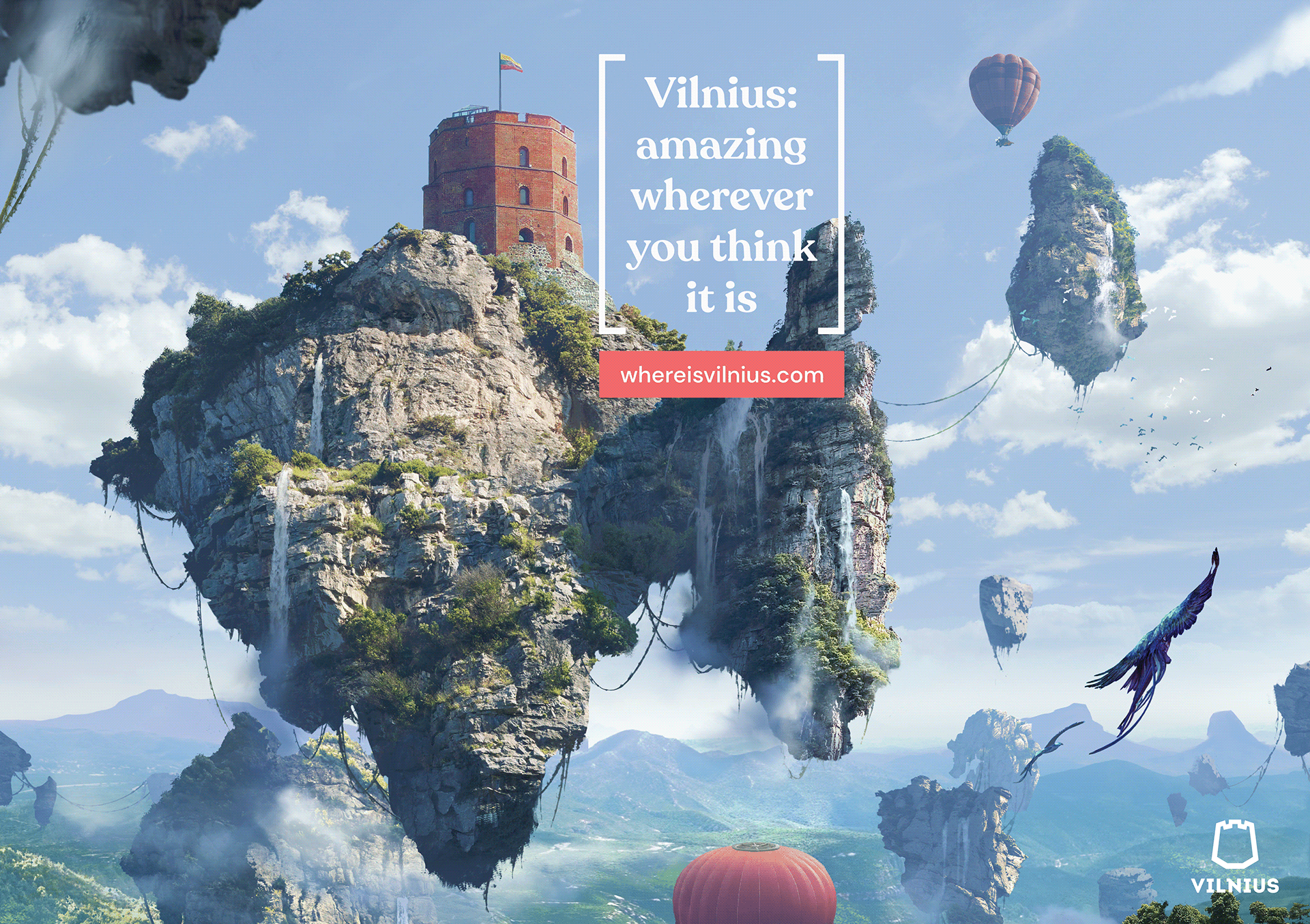 Vilnius is painted as a city atop a floating rock in a fantasy tourism campaign poster