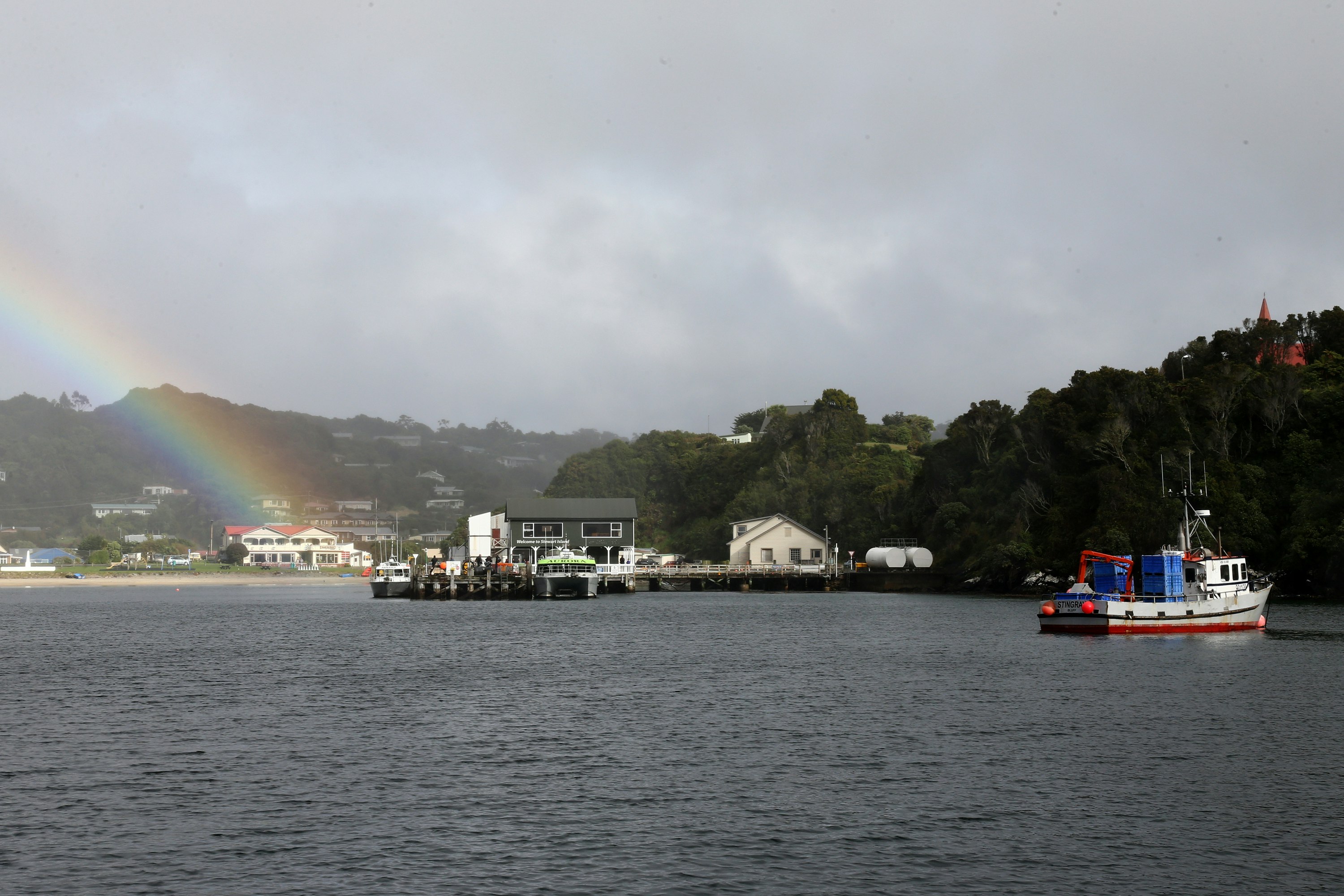 A white and red fishing boat pulls into the harbor near Oban, New Zealand on the right side of the frame as a rainbow illuminates the white buildings and dock on the right side of the frame. The ocean is a deep slate blue and the sky is a light grey. The green forested hillsides along the shore are dotted with small white structures and red peaked roofs